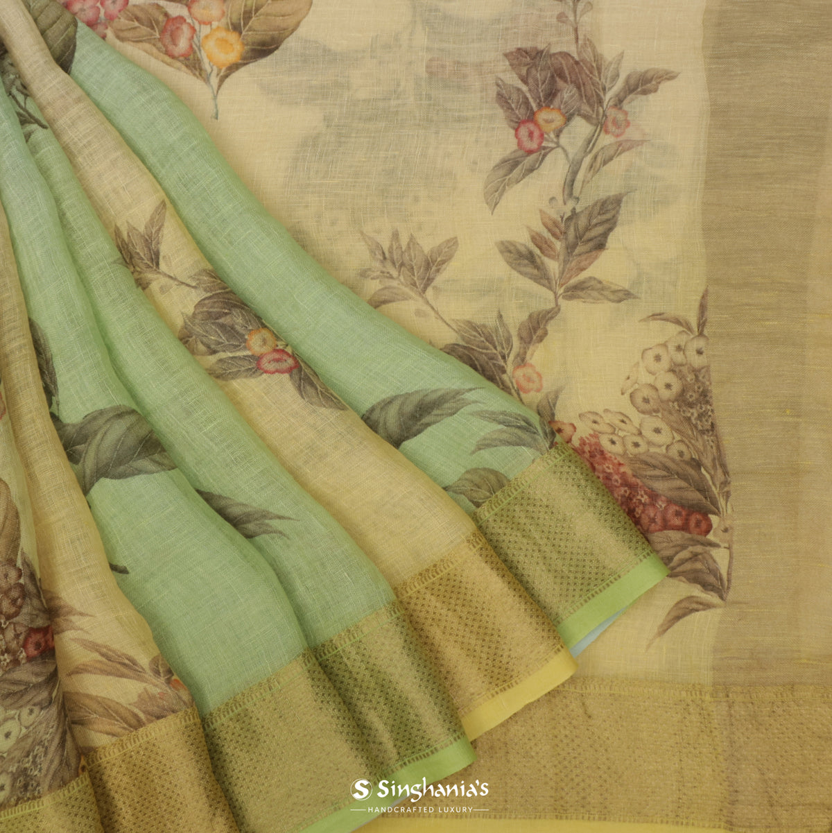 Pastel Green-Cream Printed Linen Saree With Floral Pattern
