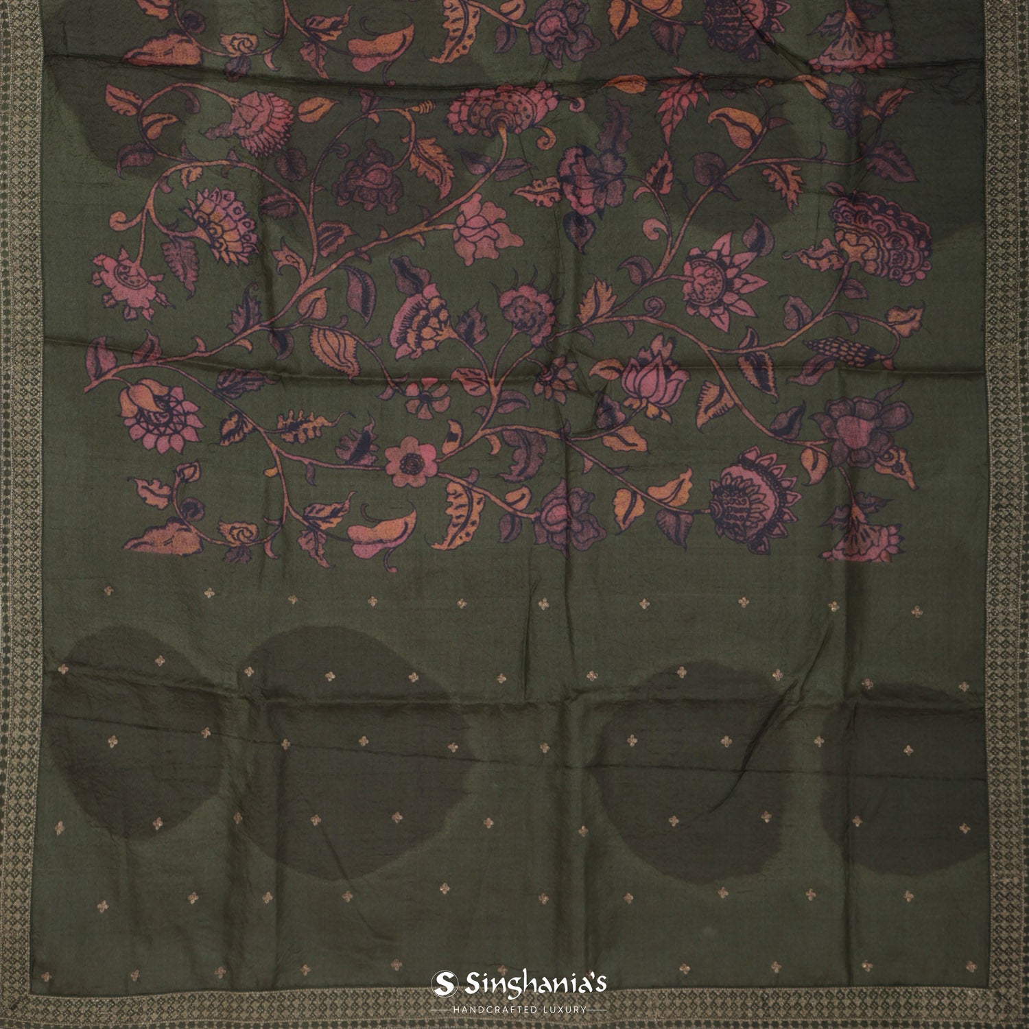 Rifle Green Tussar Silk Saree With Printed Floral Pattern