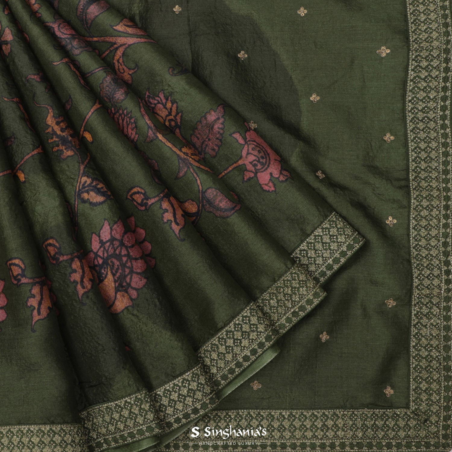 Rifle Green Tussar Silk Saree With Printed Floral Pattern