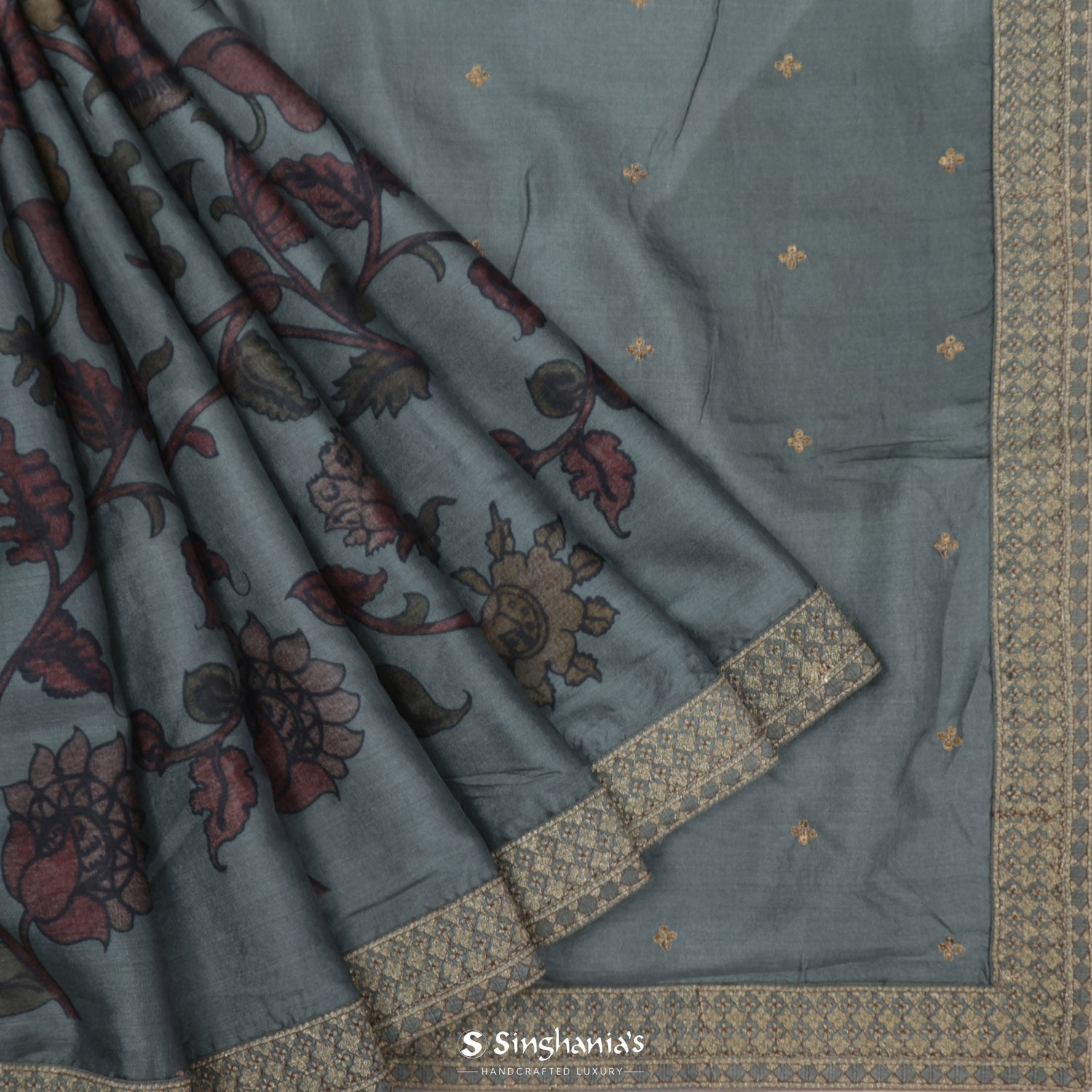 Cadet Gray Printed Tussar Silk Saree With Floral Pattern