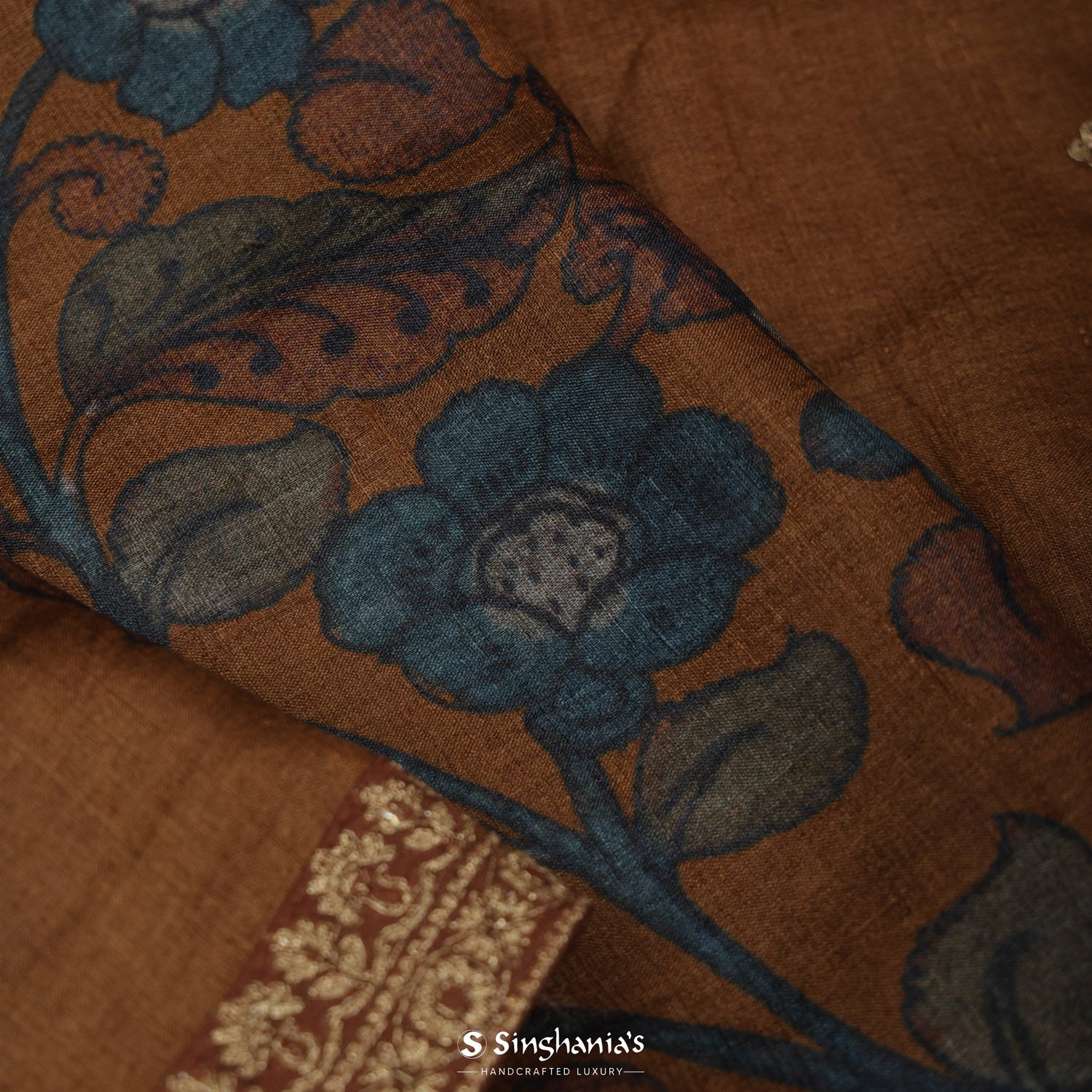 Ash Brown Tussar Silk Saree With Printed Floral Pattern
