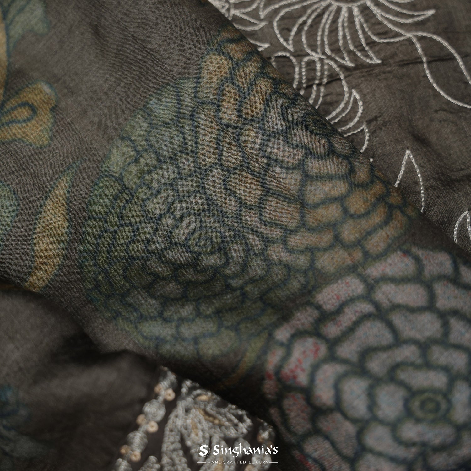 Taupe Brown Tussar Saree With Floral Printed Pattern