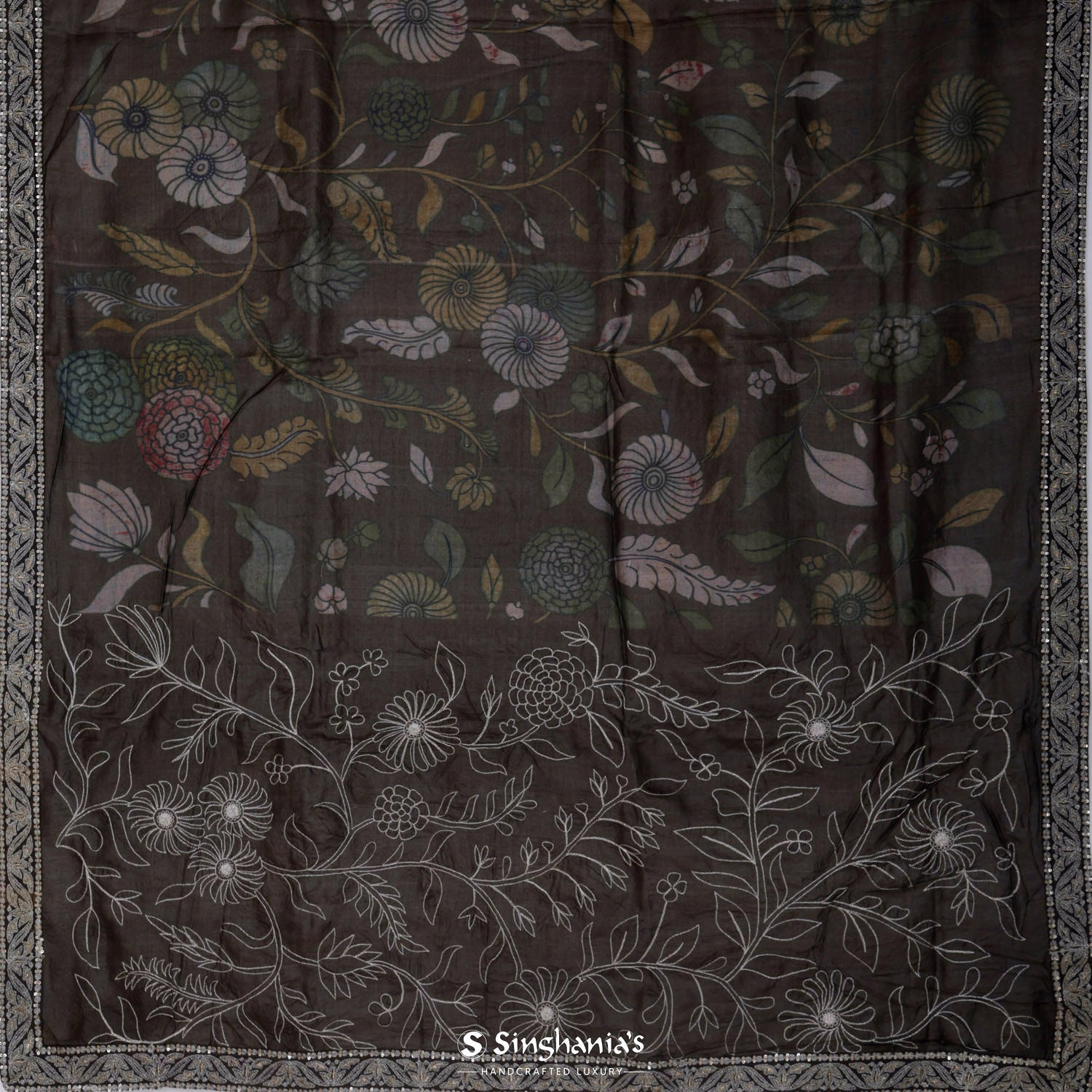 Taupe Brown Tussar Saree With Floral Printed Pattern