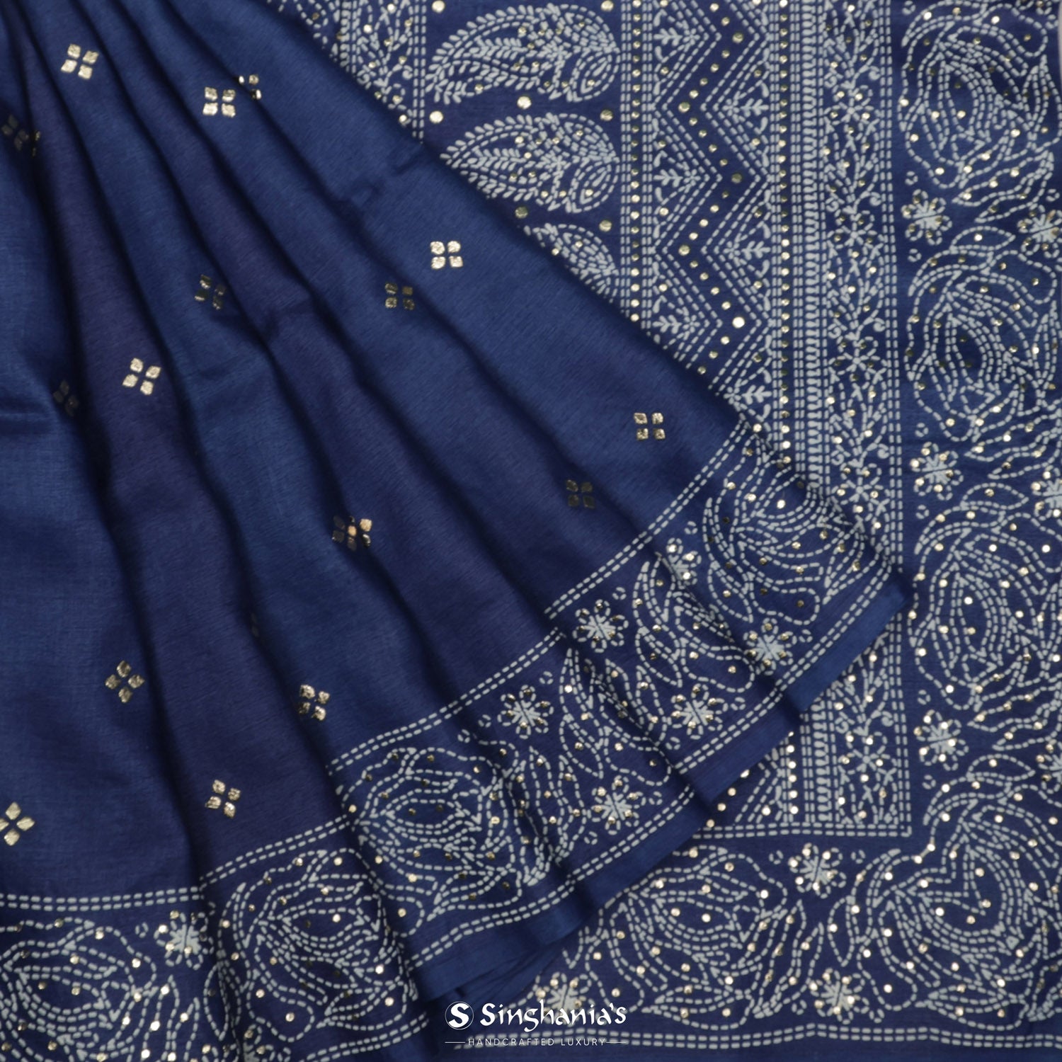 Admiral Blue Printed Tussar Silk Saree With Kantha Inspired Pattern