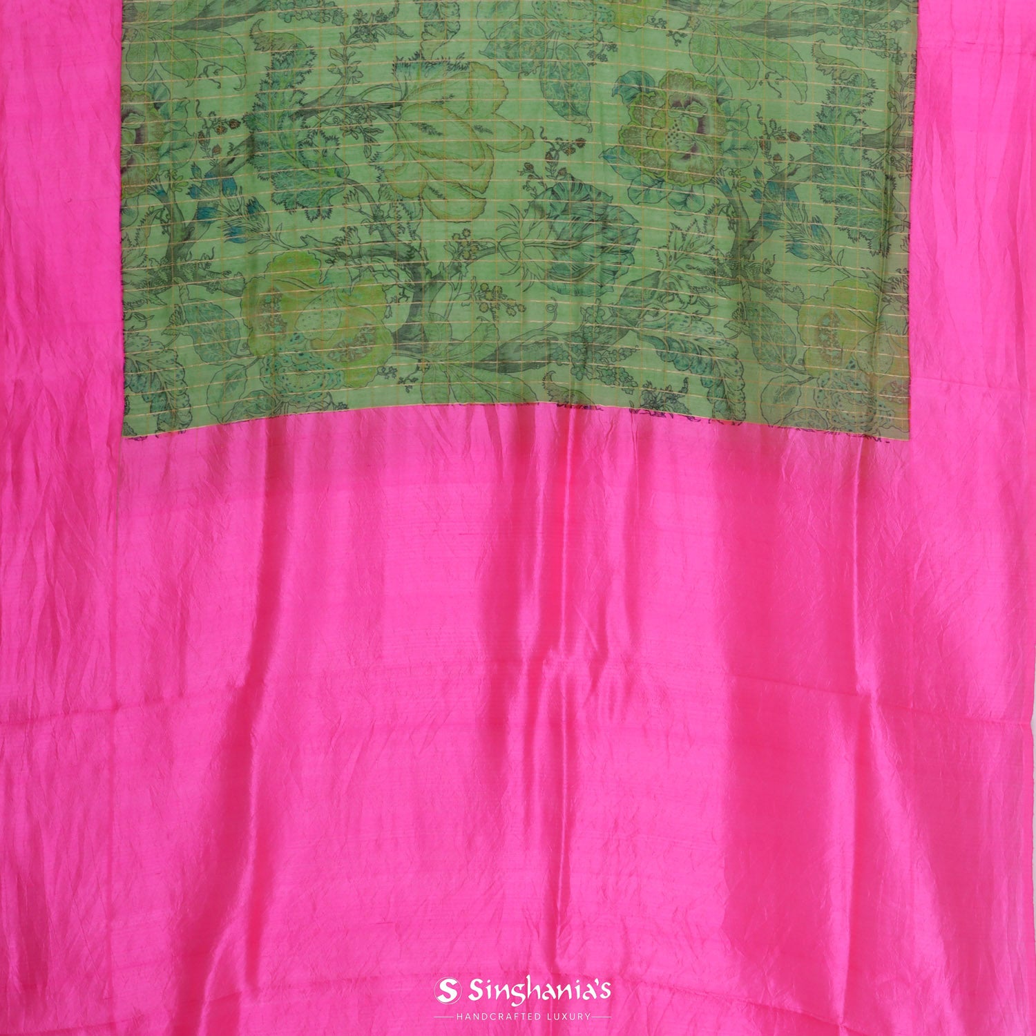 Russian Green Printed Matka Silk Saree With Floral Pattern On Checks