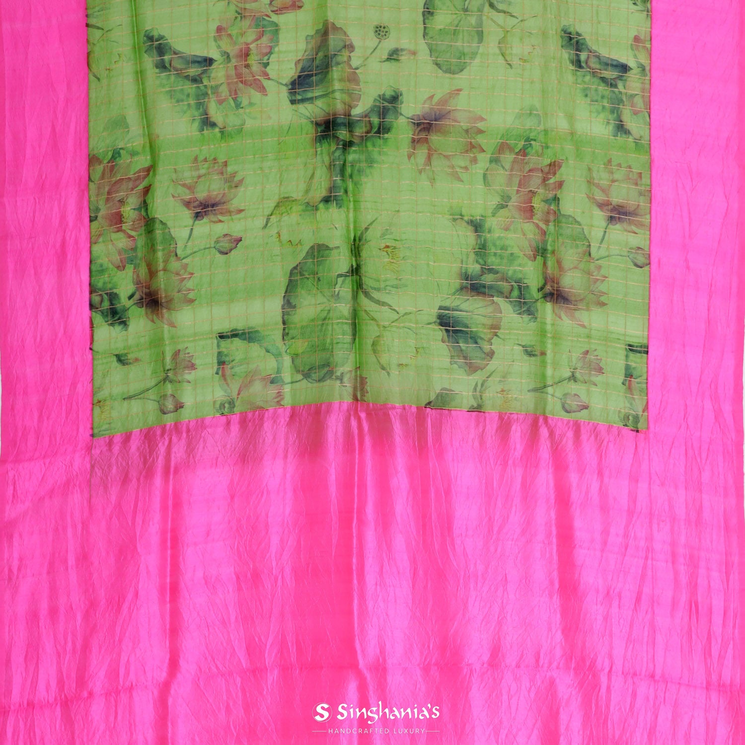 Parrot Green Printed Matka Saree With Checks Pattern