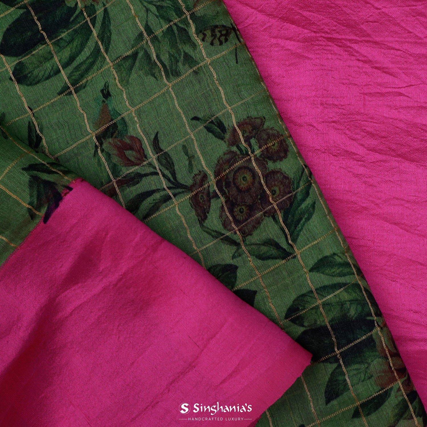 Fern Green Printed Matka Silk Saree With Floral Pattern