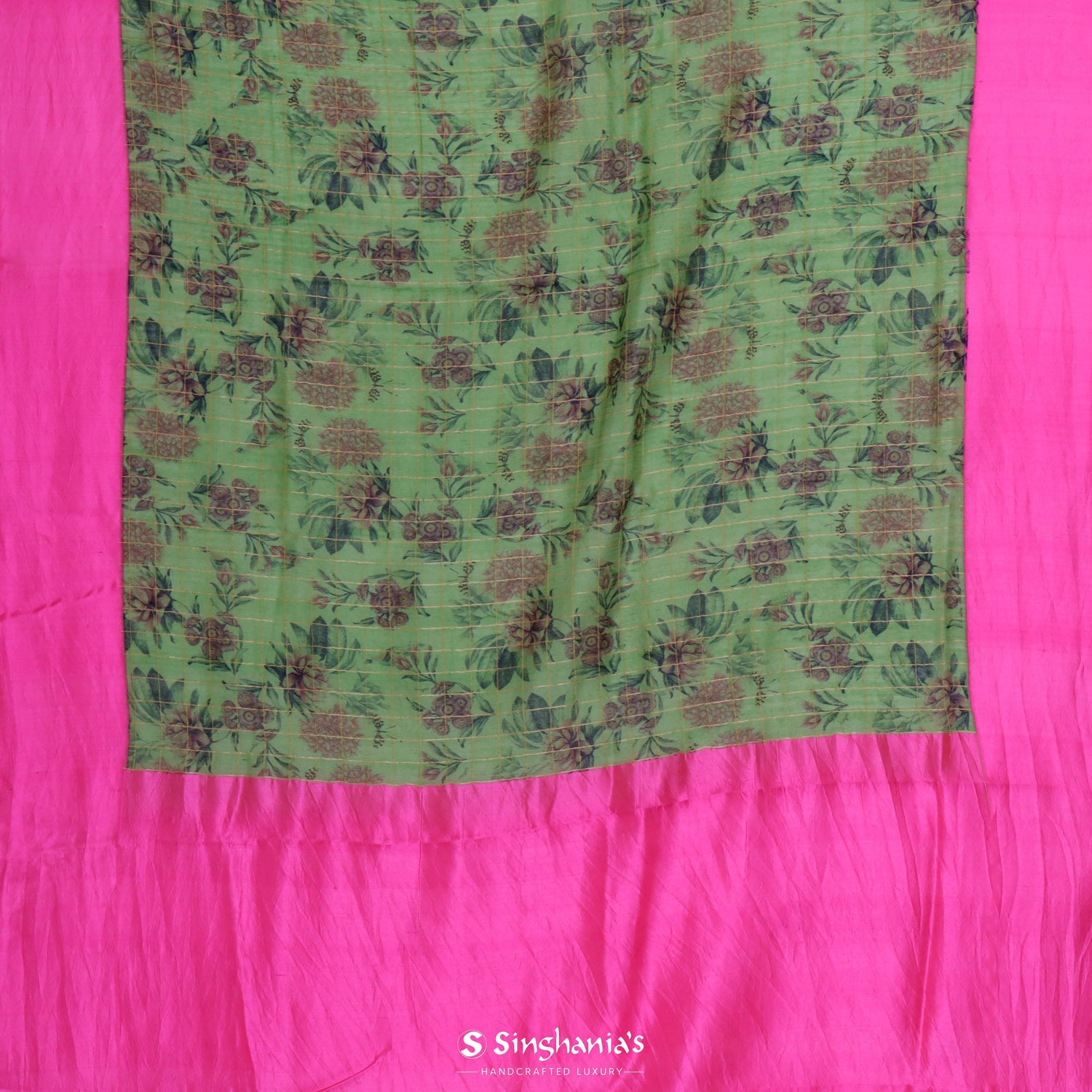 Fern Green Printed Matka Silk Saree With Floral Pattern