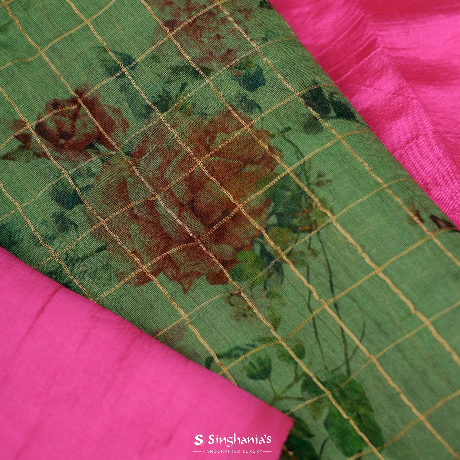 Fern Green Printed Matka Silk Saree With Floral On Checks Pattern