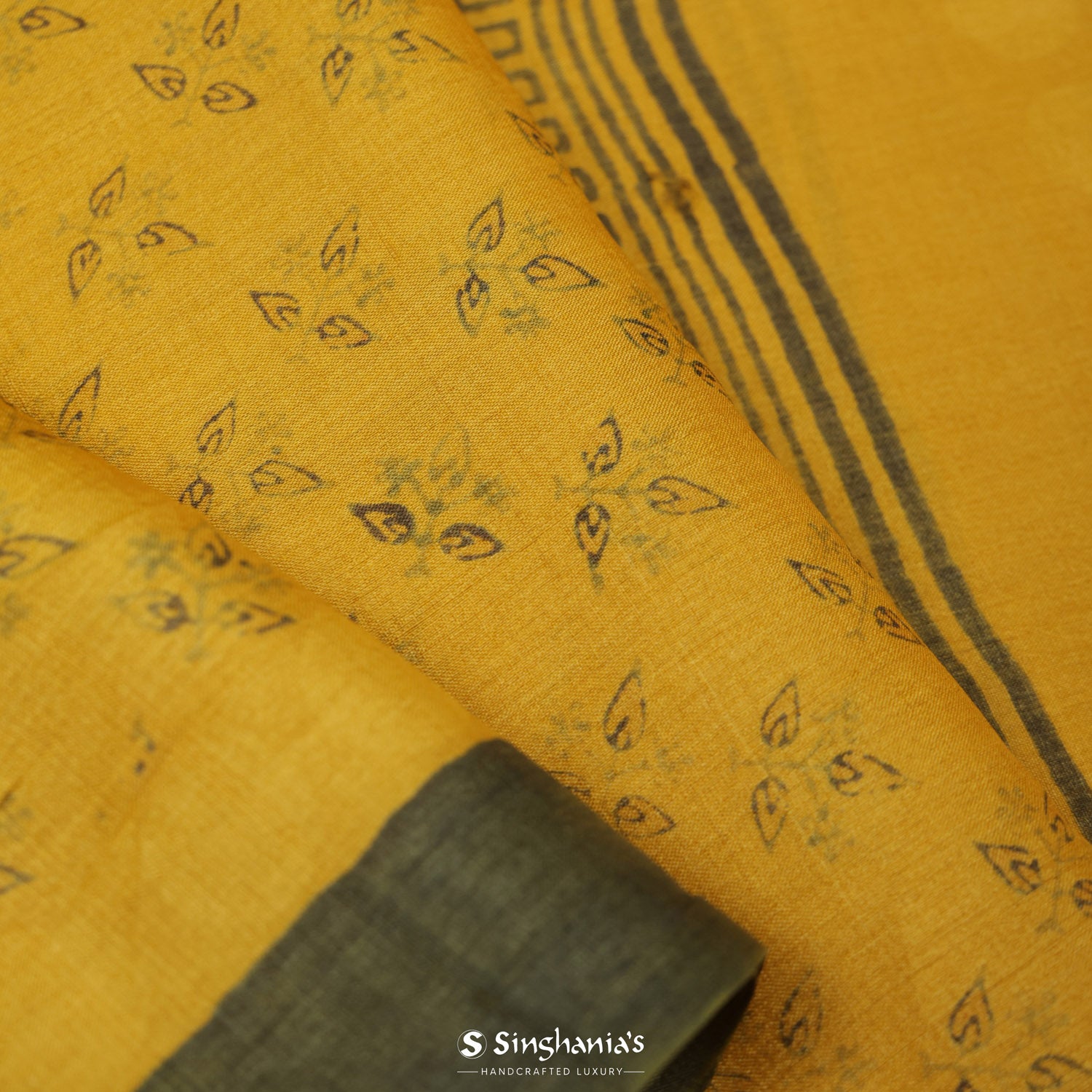 Traffic Yellow Printed Tussar Saree With Floral Pattern