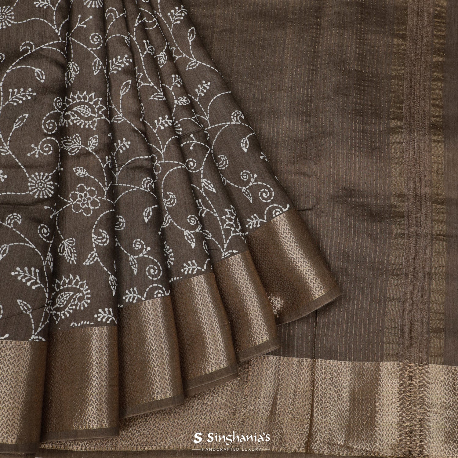 Dark Wood Brown Printed Silk Saree With Floral Pattern