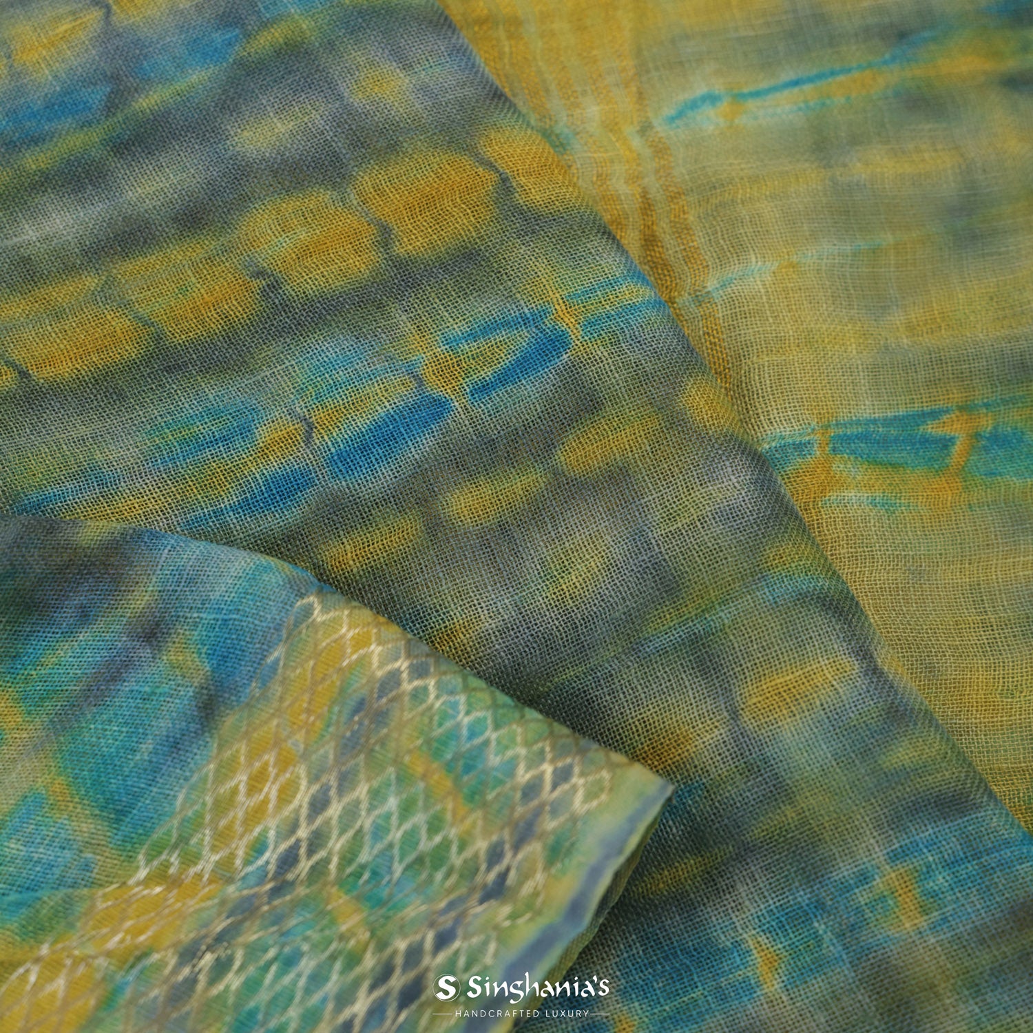 Flax Yellow Printed Linen Saree With Shibori Print Pattern