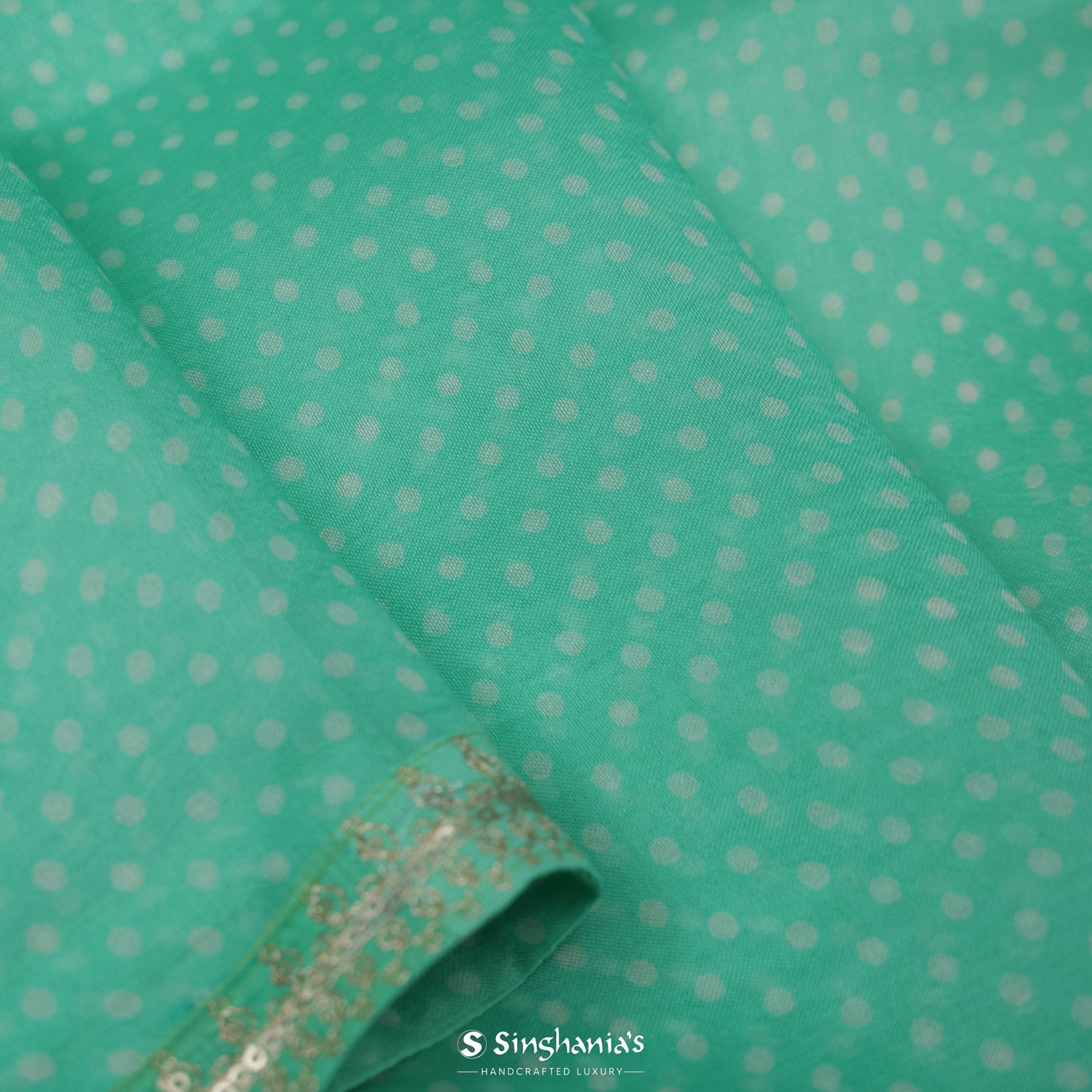 Spring Green Organza Saree With Dots Pattern