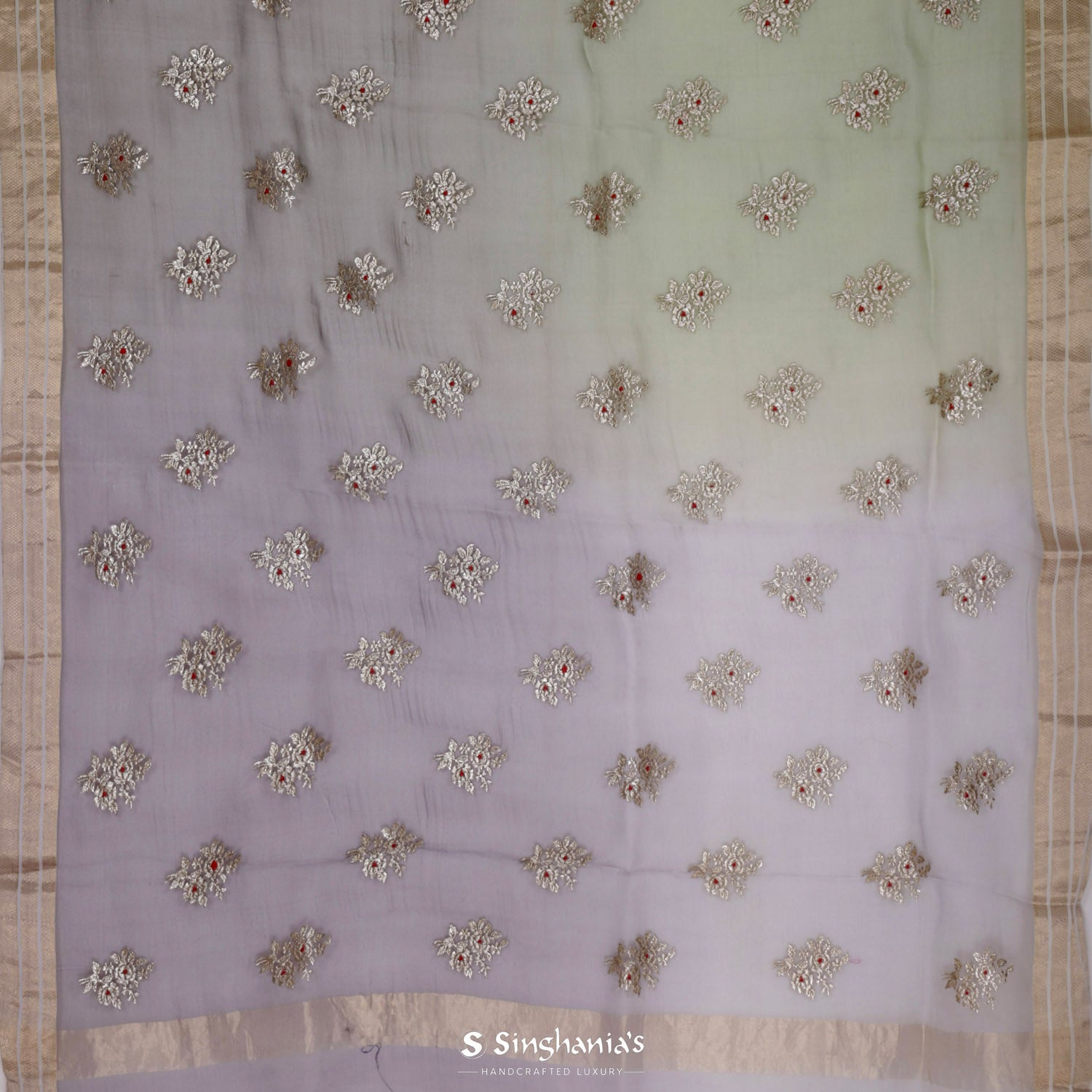 Green- Gray Organza Saree With Floral Embroidery