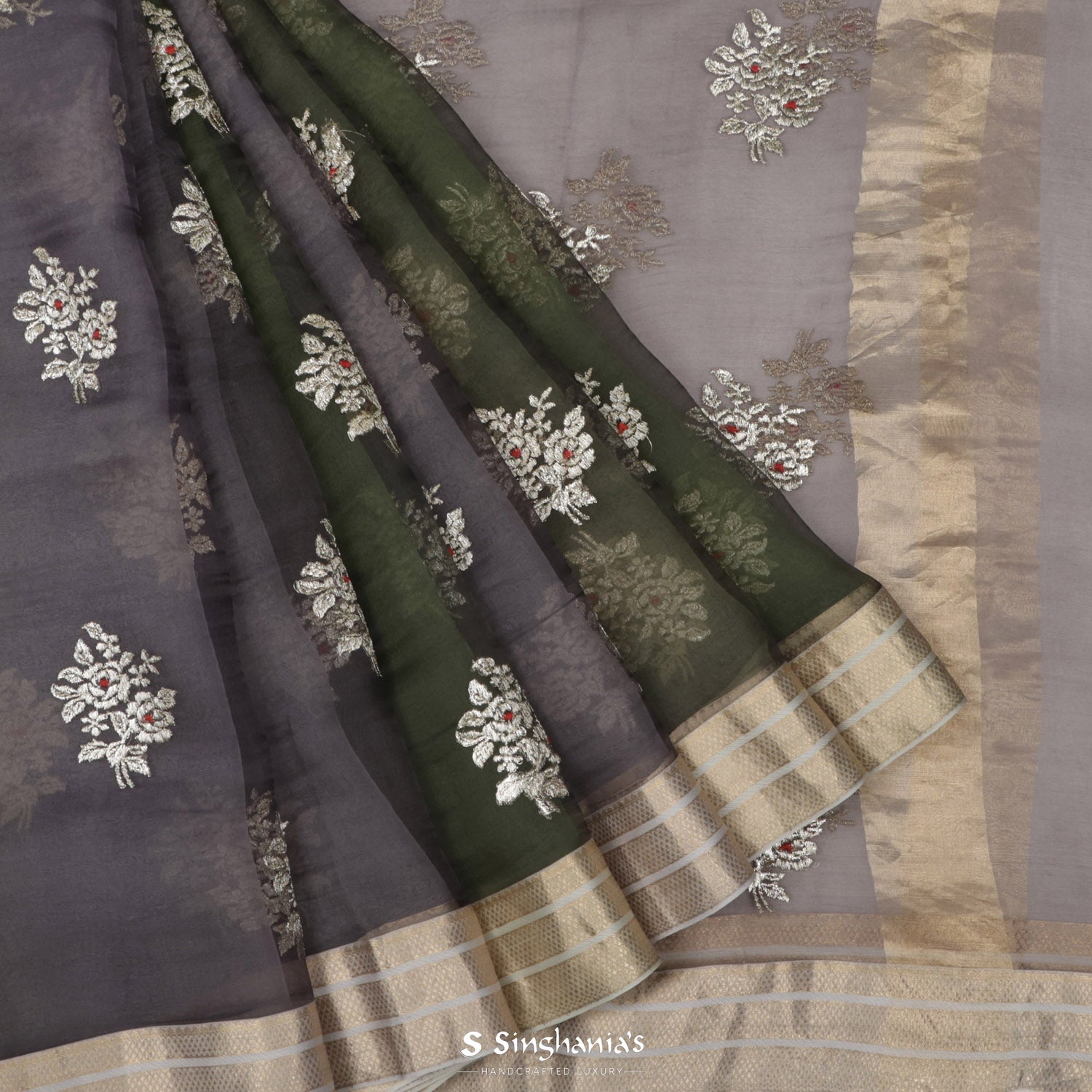 Green- Gray Organza Saree With Floral Embroidery