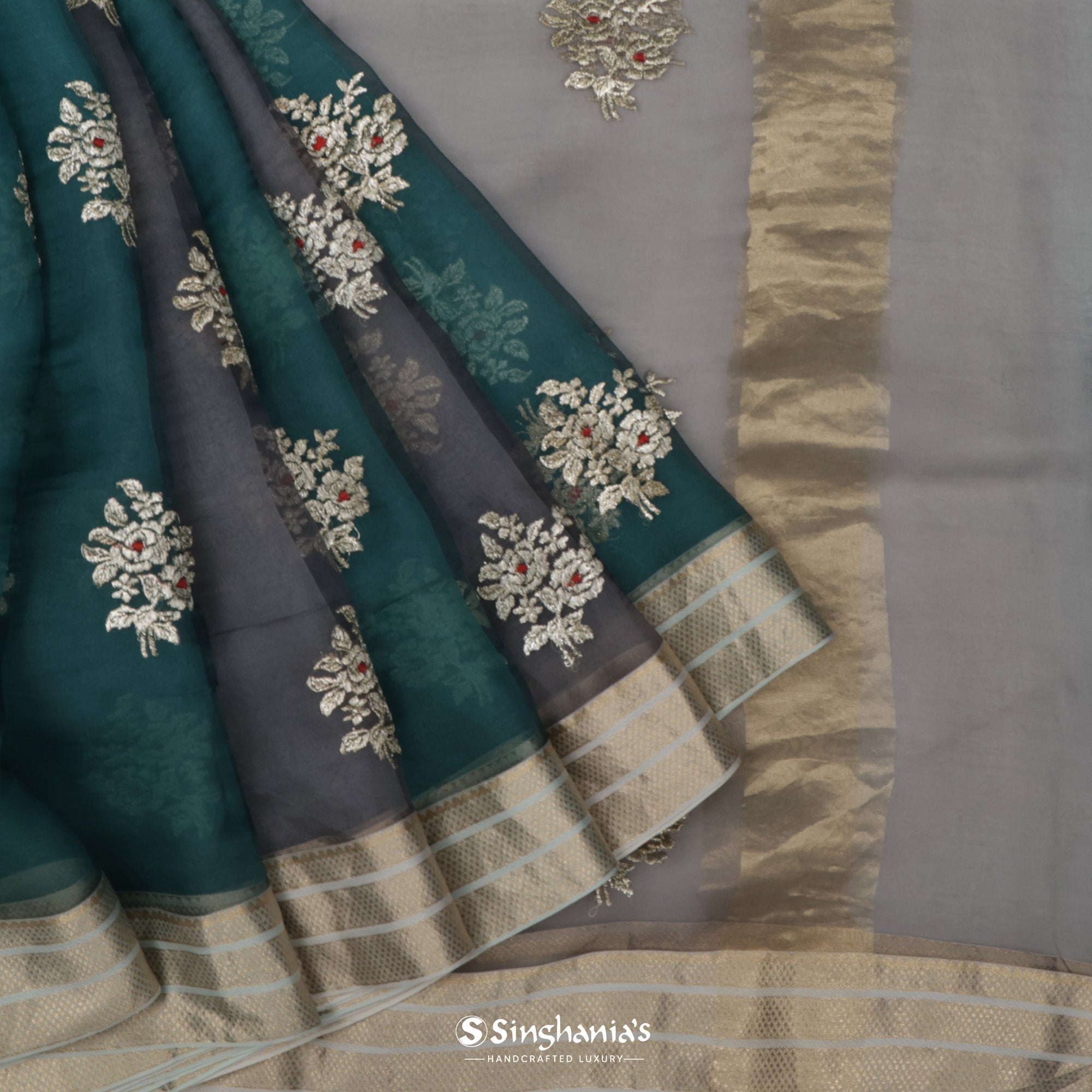 Midnight Green Organza Saree With Embroidery