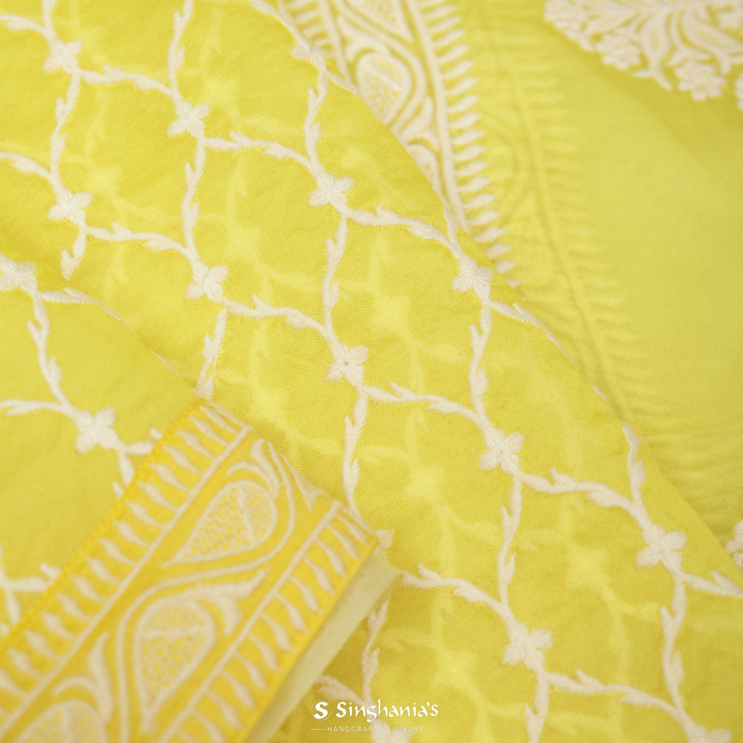 Lemon Yellow Organza Saree In Ogive Pattern
