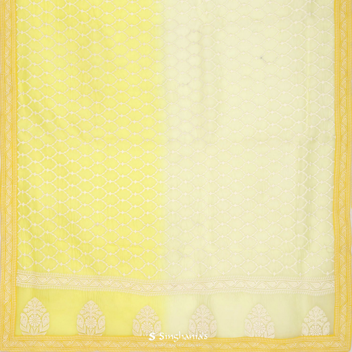 Lemon Yellow Organza Saree In Ogive Pattern