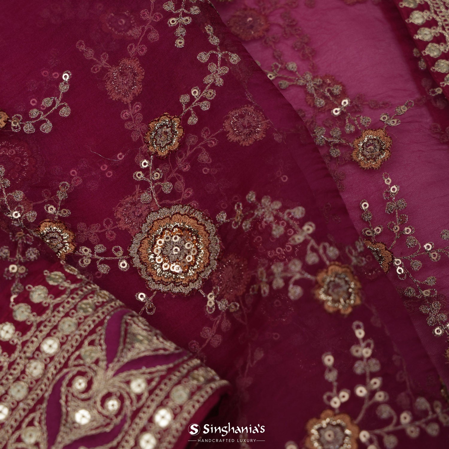 Rouge Pink Organza Saree With Floral Sequin Work