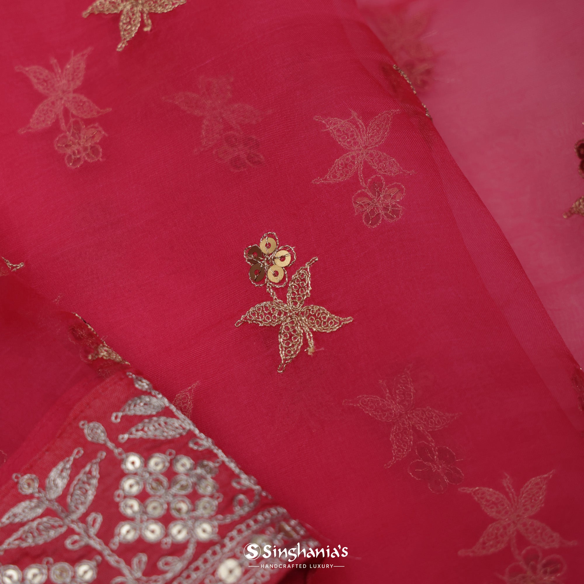 Bright Maroon-Pink Organza Saree With Floral Thread Embroidery