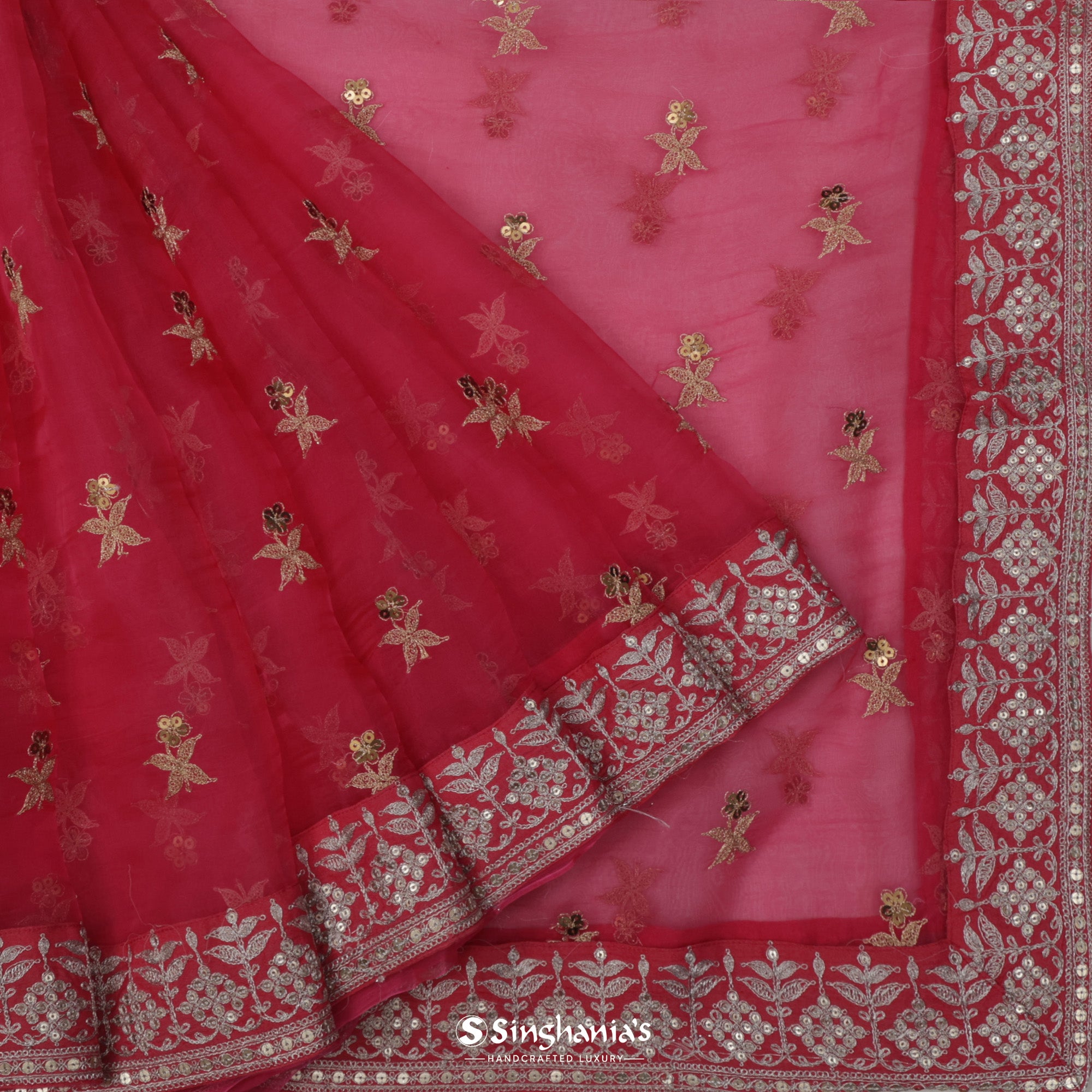 Bright Maroon-Pink Organza Saree With Floral Thread Embroidery