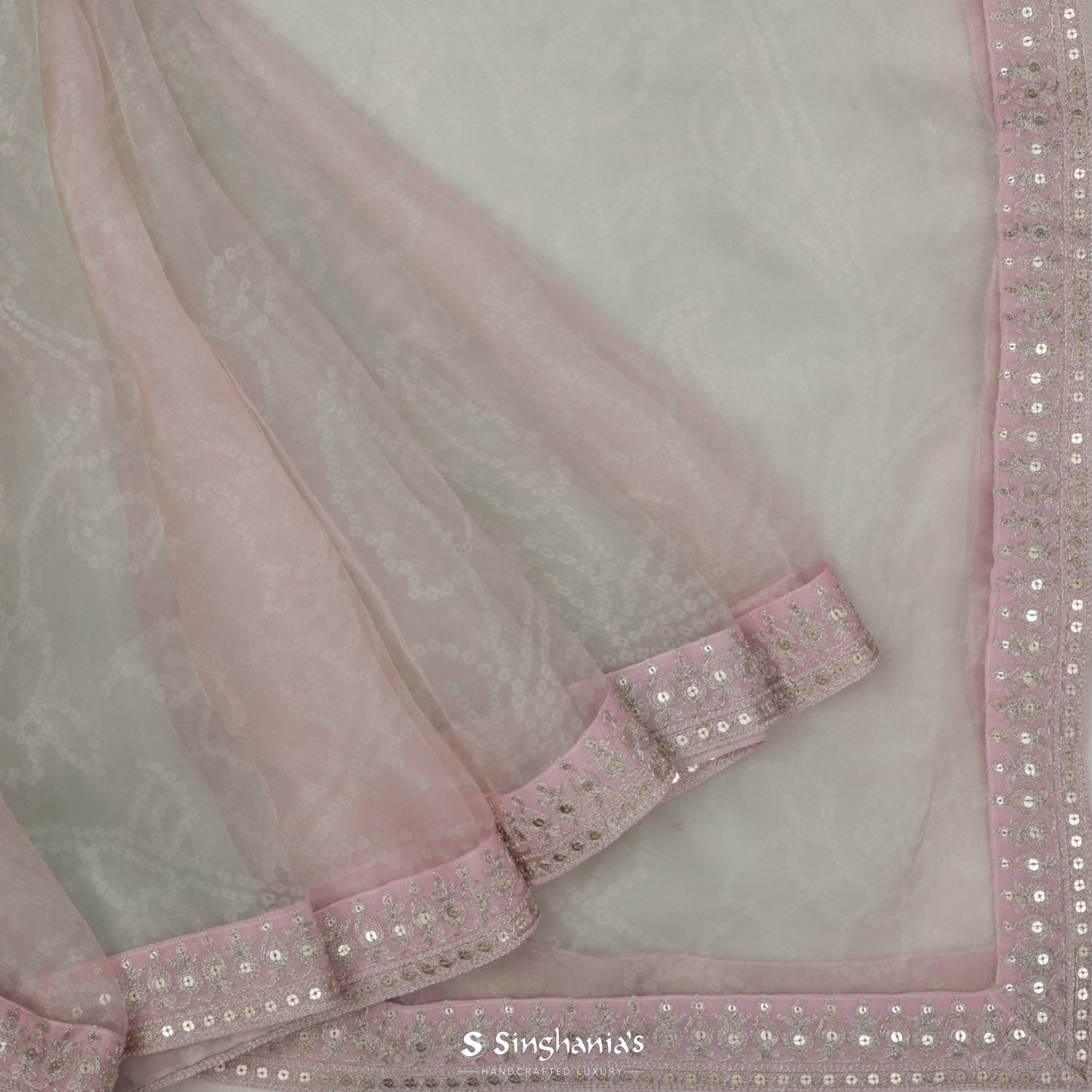 Oyster Pink Organza Saree With Hand Embroidery