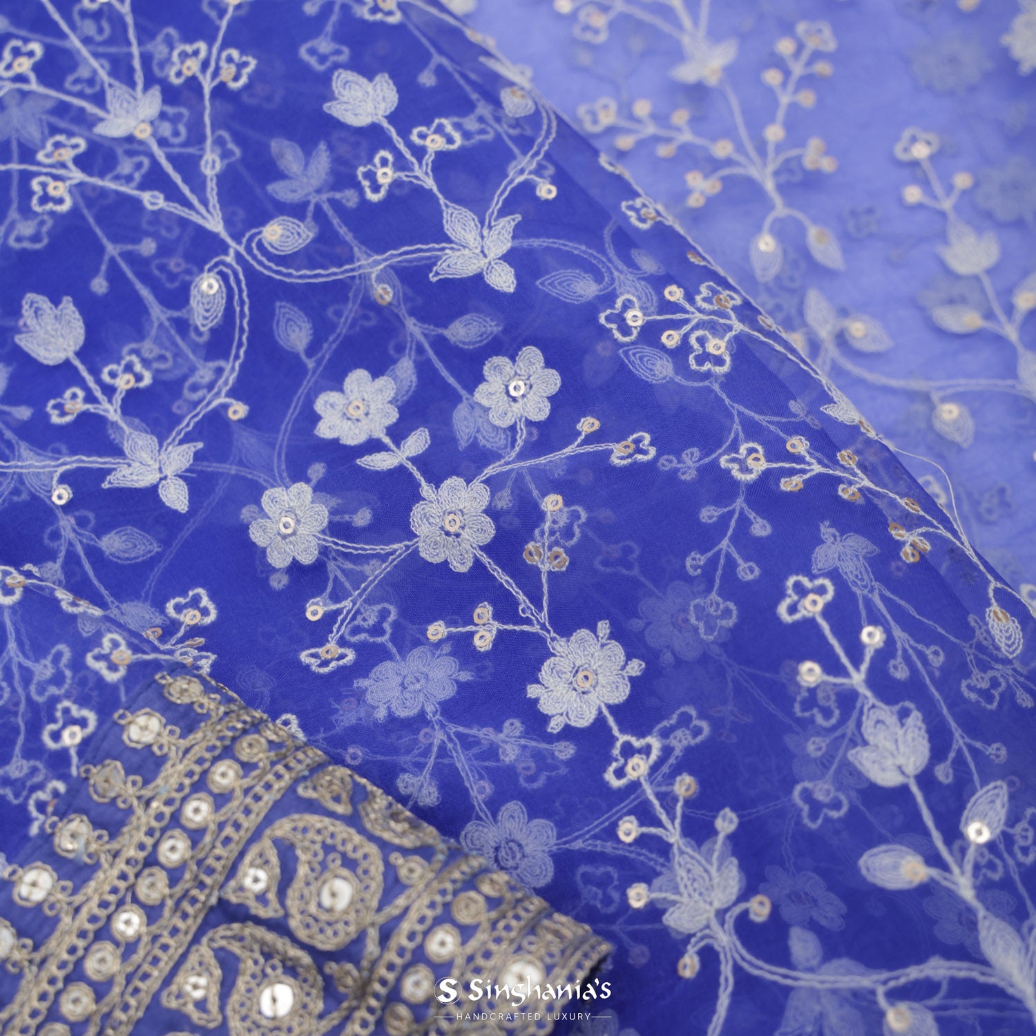 Iris Blue Printed Organza Saree With Floral Pattern