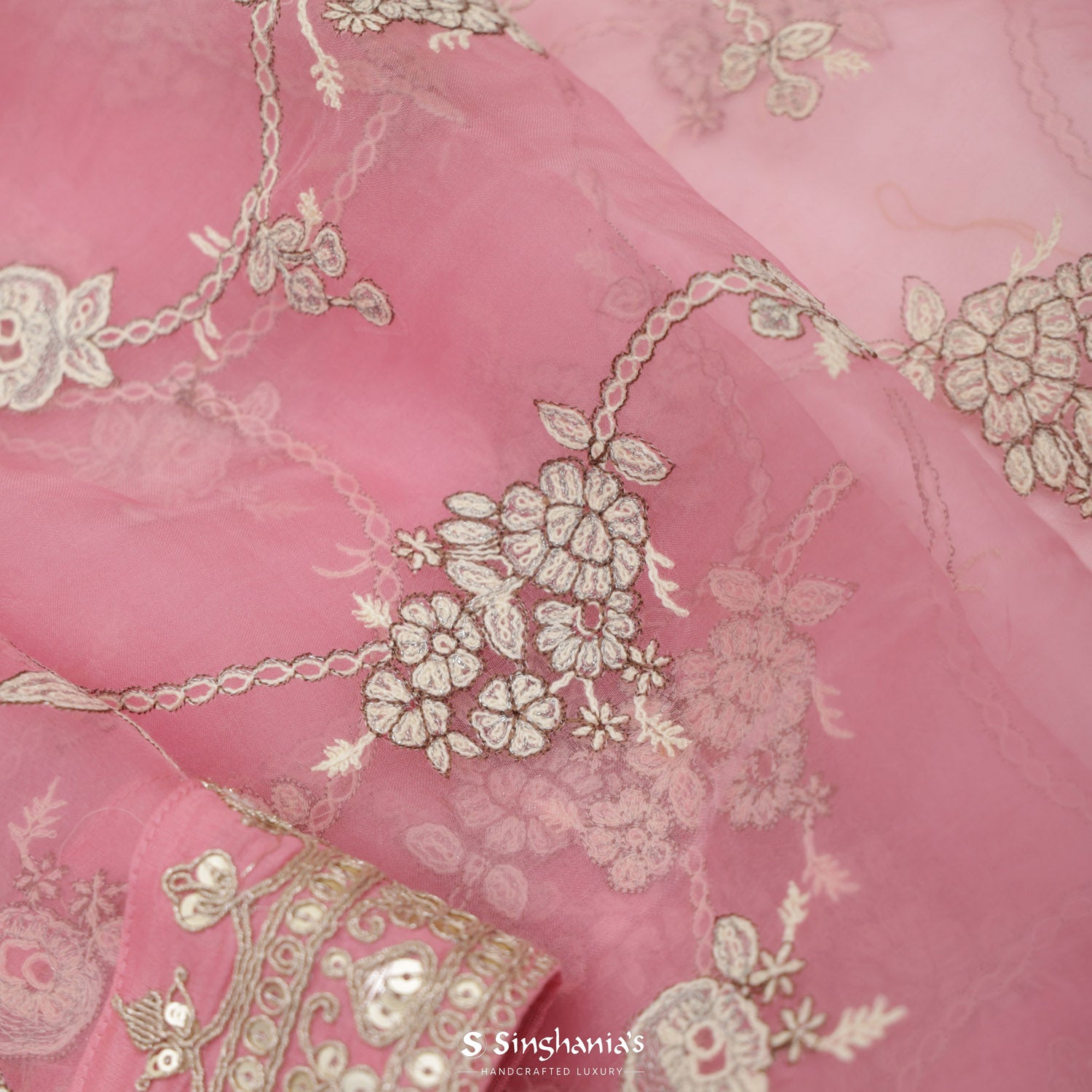 Coral Pink Printed Organza Saree With Floral Design
