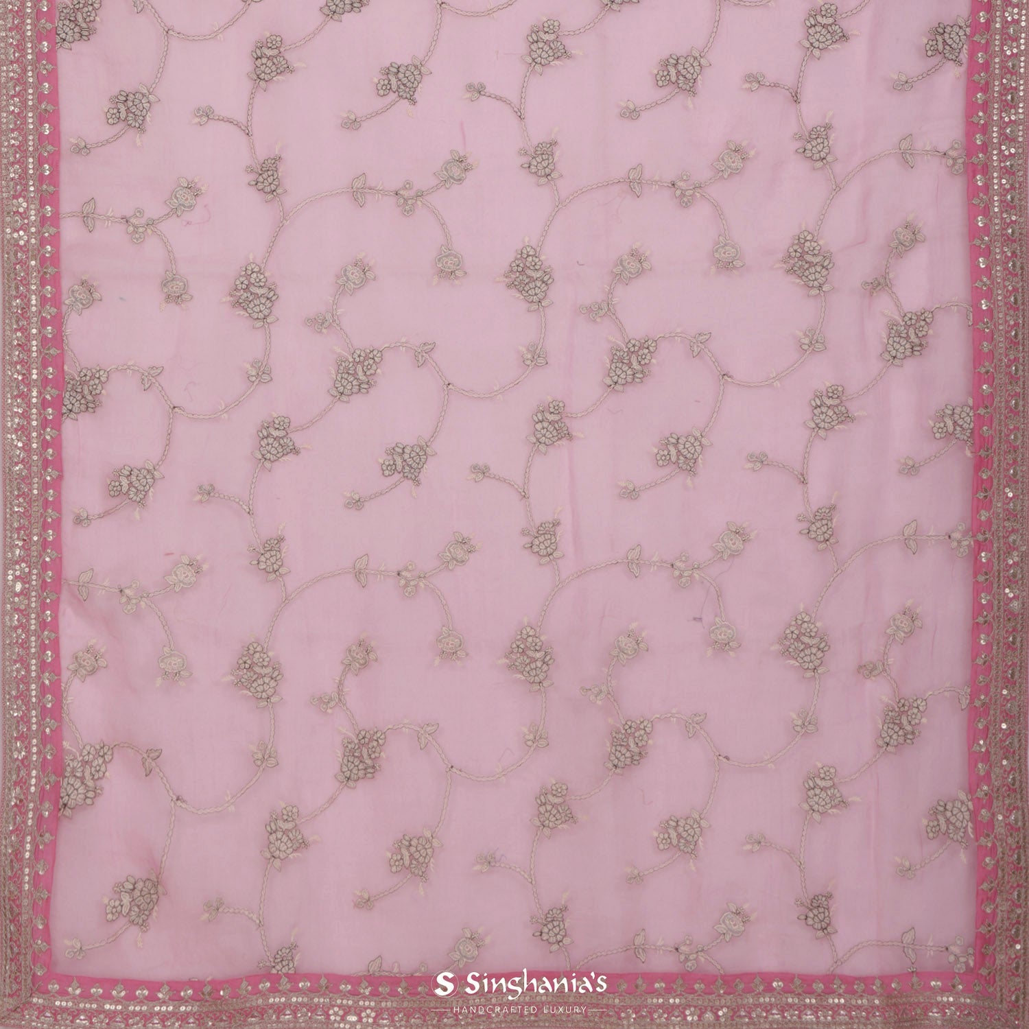 Coral Pink Printed Organza Saree With Floral Design