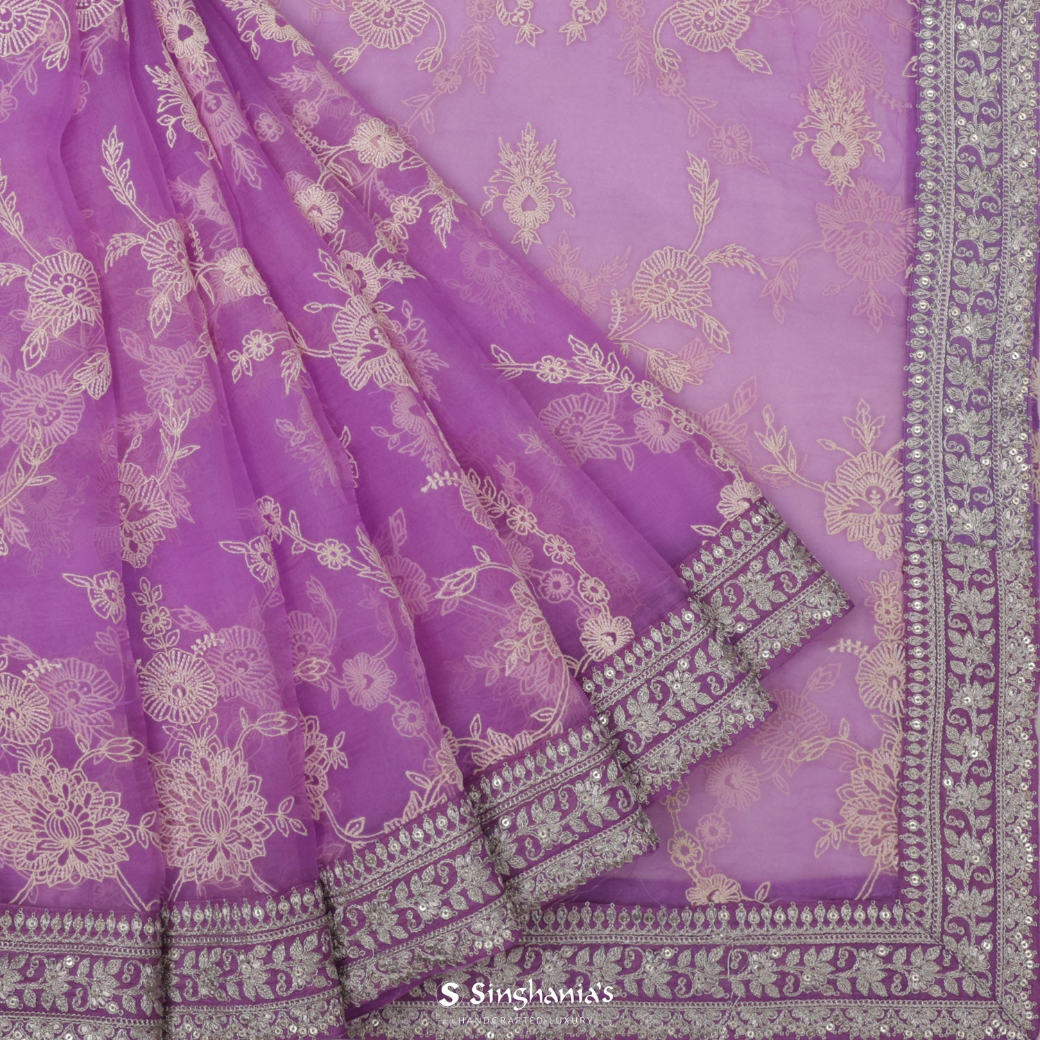 Orchid Pink Organza Saree With Hand Embroidery