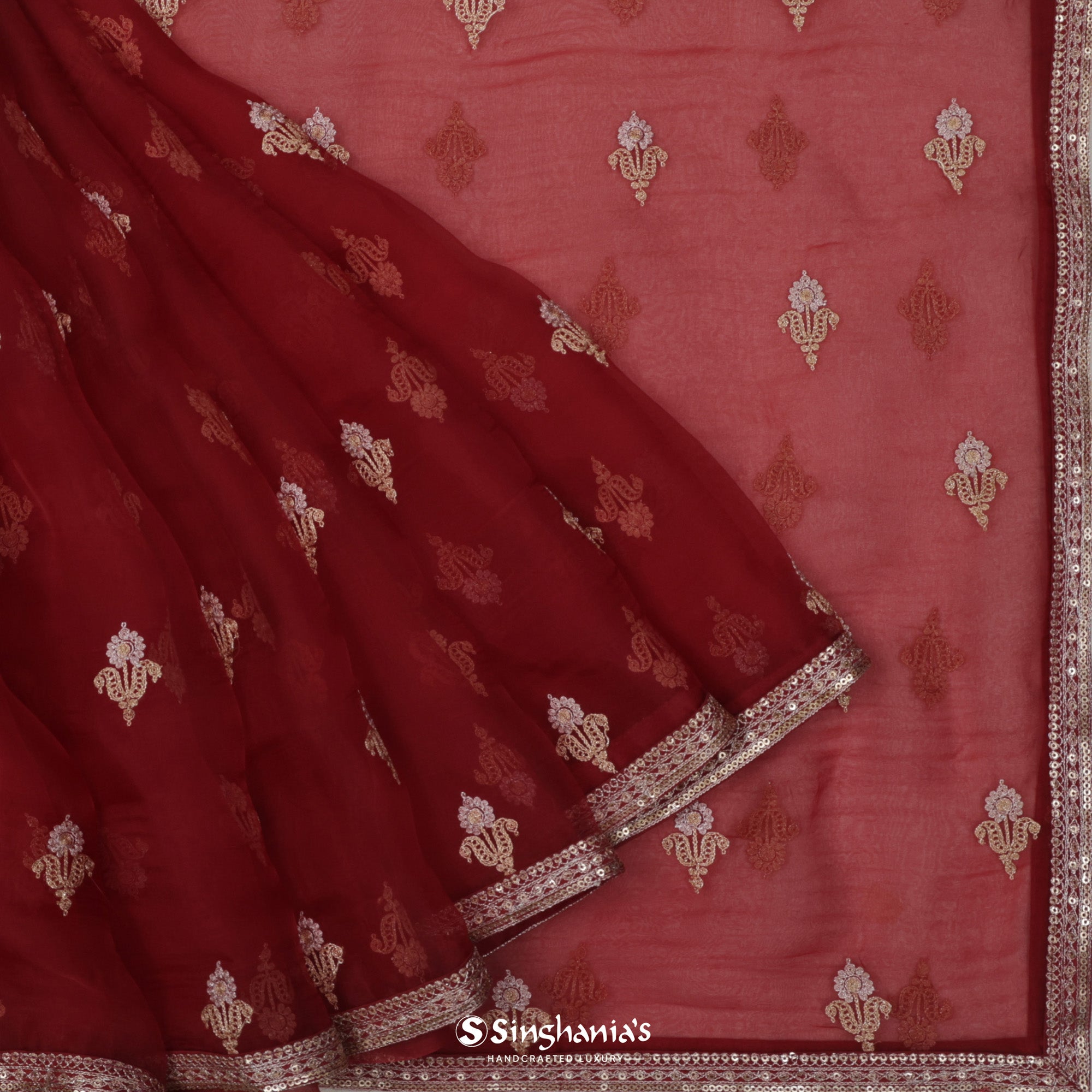 Turkey Red Organza Saree With Bandhani Pattern