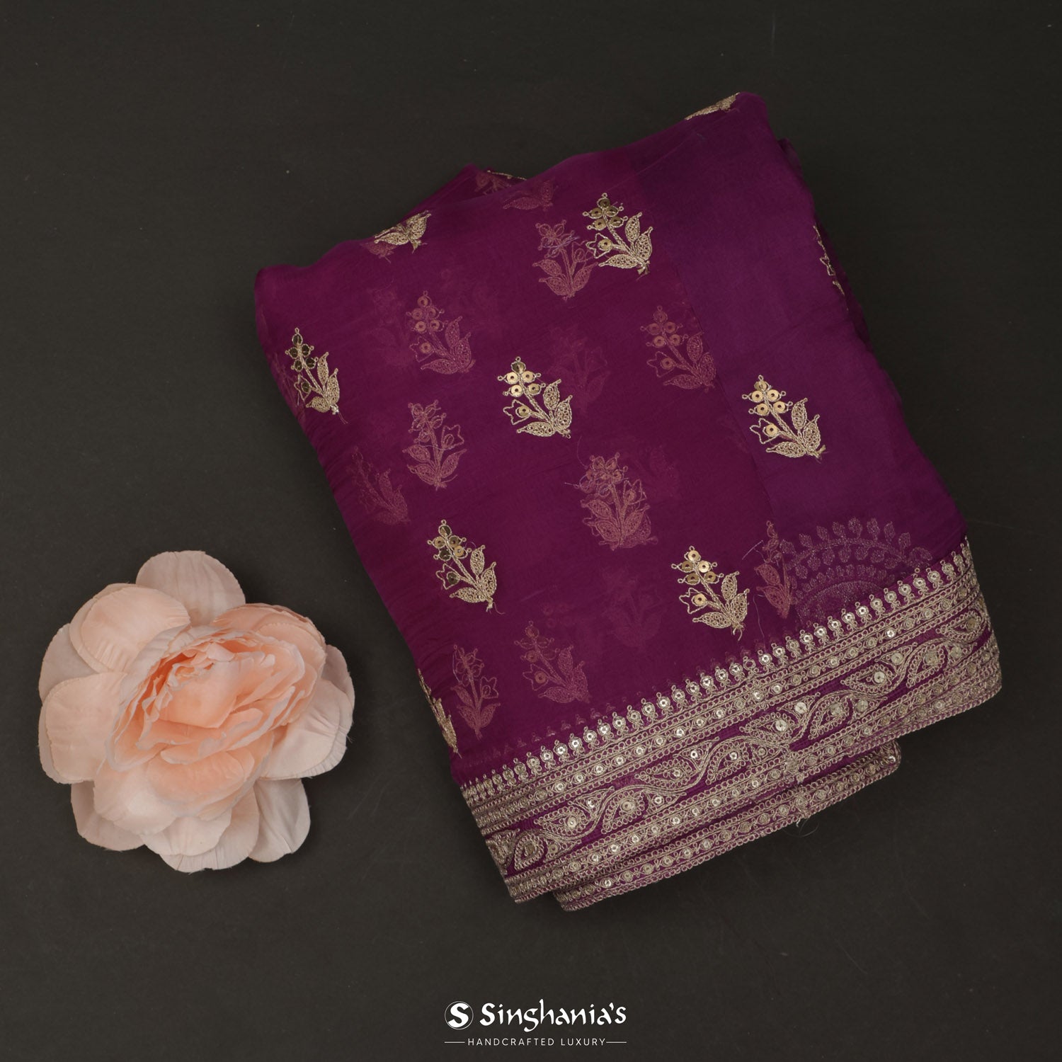 Mulberry Pink Organza Saree With Hand Embroidery