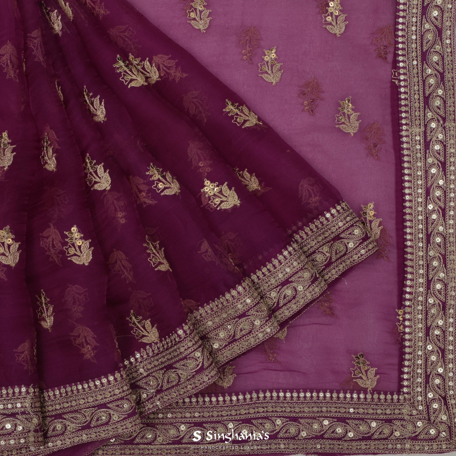 Mulberry Pink Organza Saree With Hand Embroidery