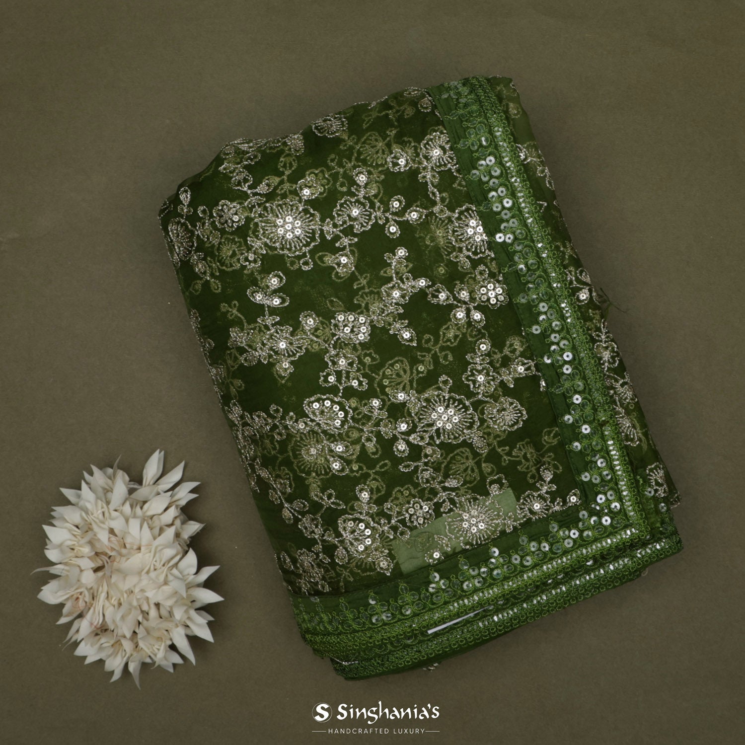 Dark Moss Green Printed Organza Saree With Floral Pattern