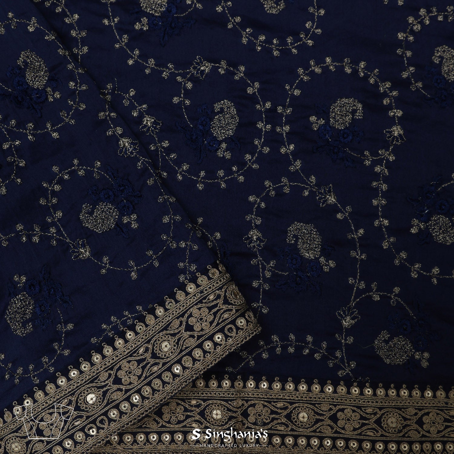 Deep Blue Organza Saree With Hand Embroidery