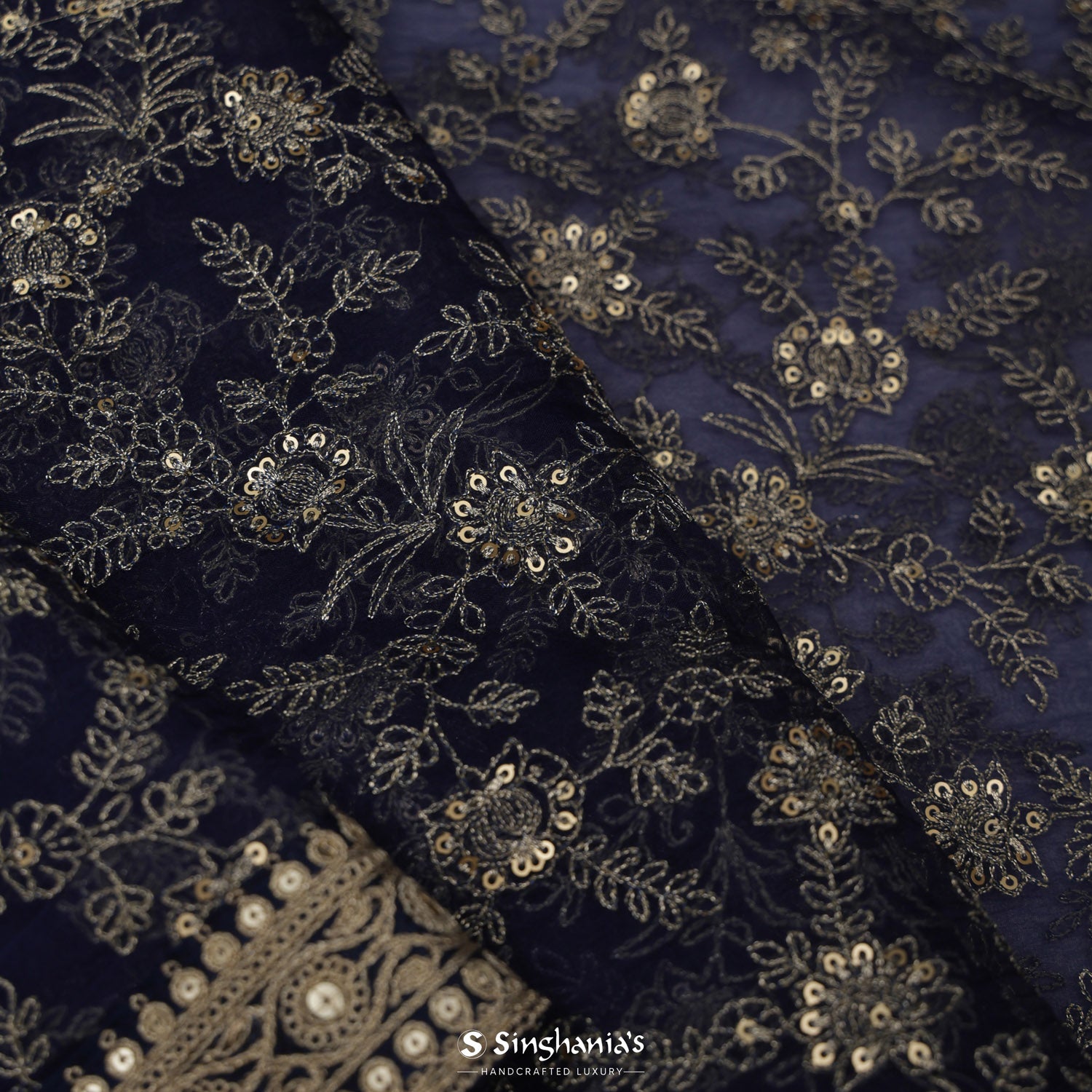 Deep Blue Organza Saree With Hand Embroidery
