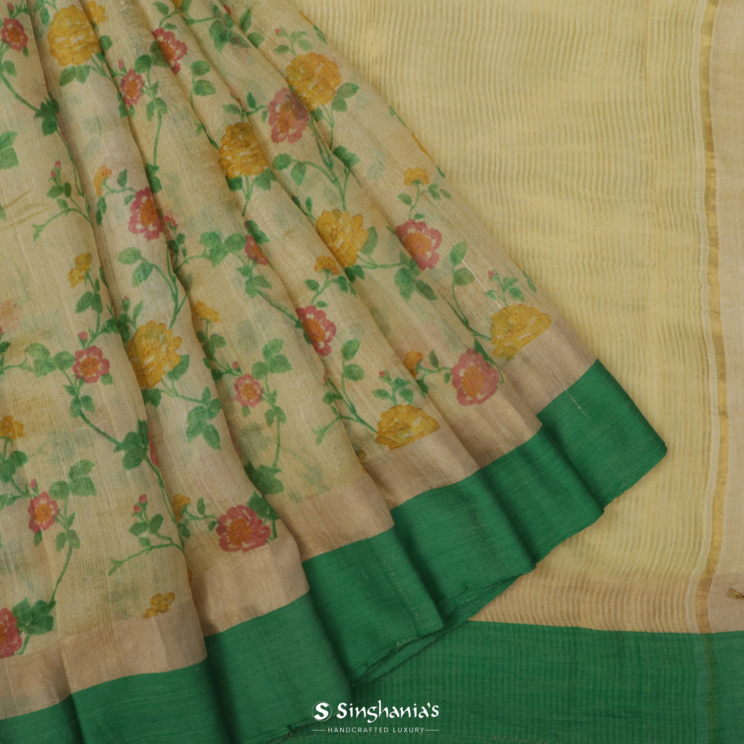 Blond Cream Printed Tussar Saree With Embroidery