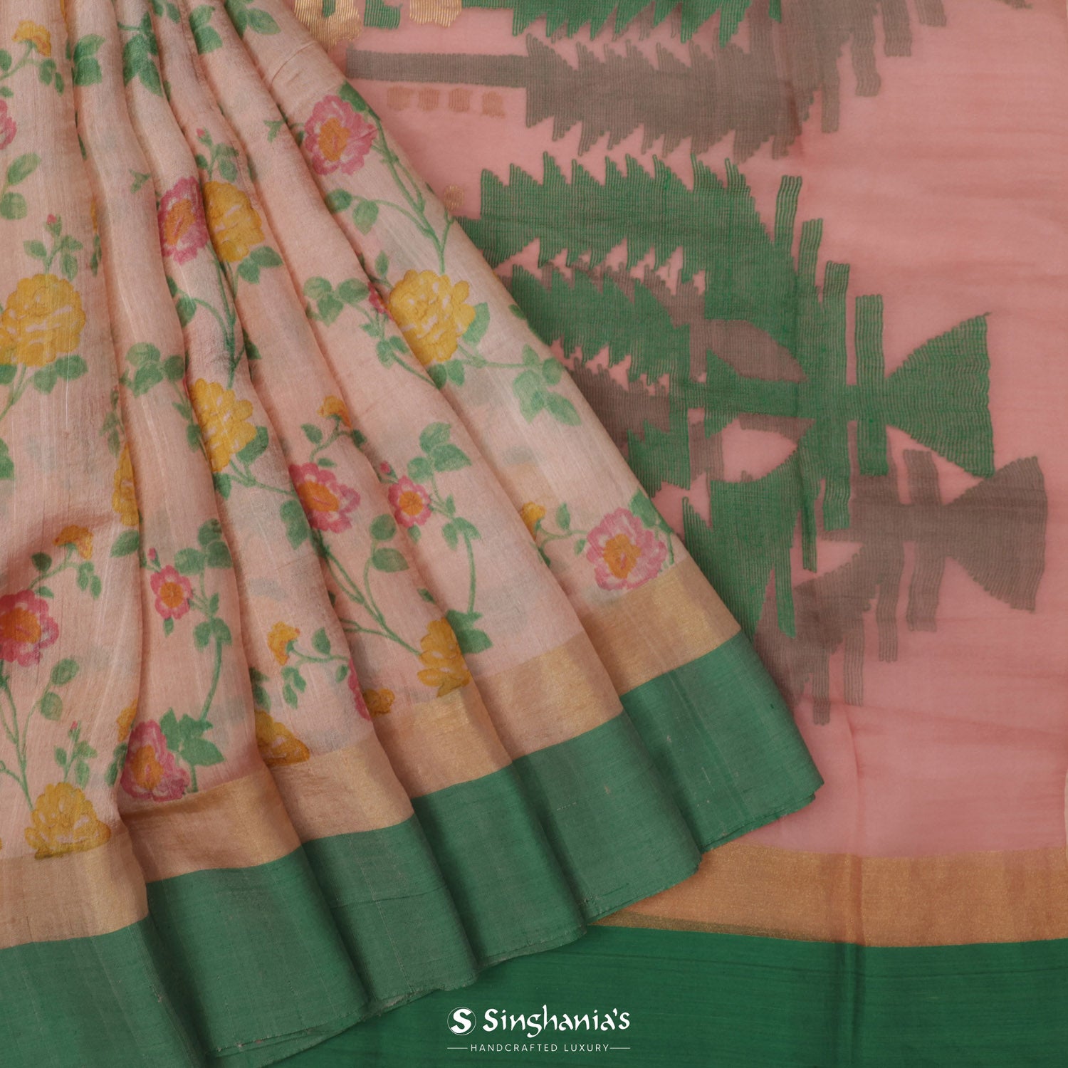 Misty Rose Pink Tussar Silk Saree With Printed Floral Pattern