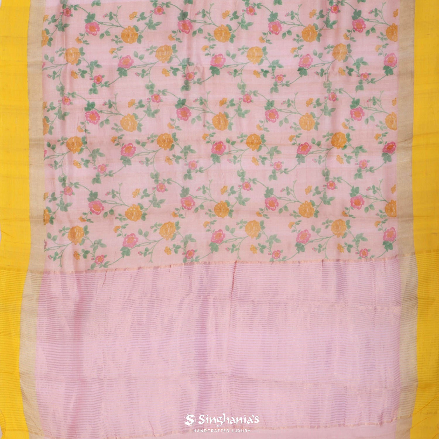 Pastel Pink Printed Tussar Saree With Floral Pattern
