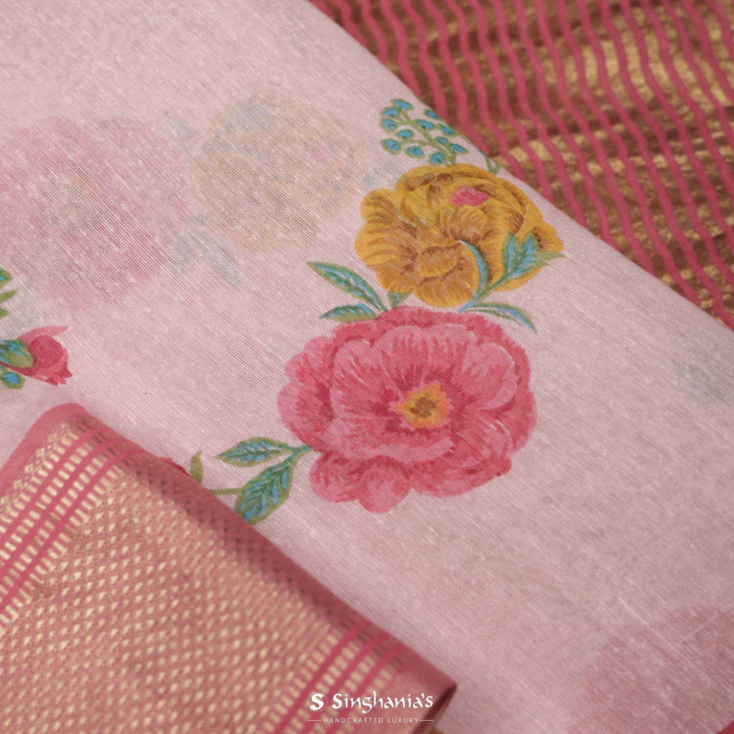 Pastel Pink Linen Saree With Floral Print Pattern