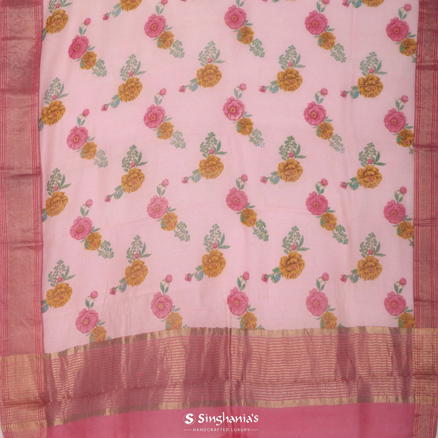 Pastel Pink Linen Saree With Floral Print Pattern
