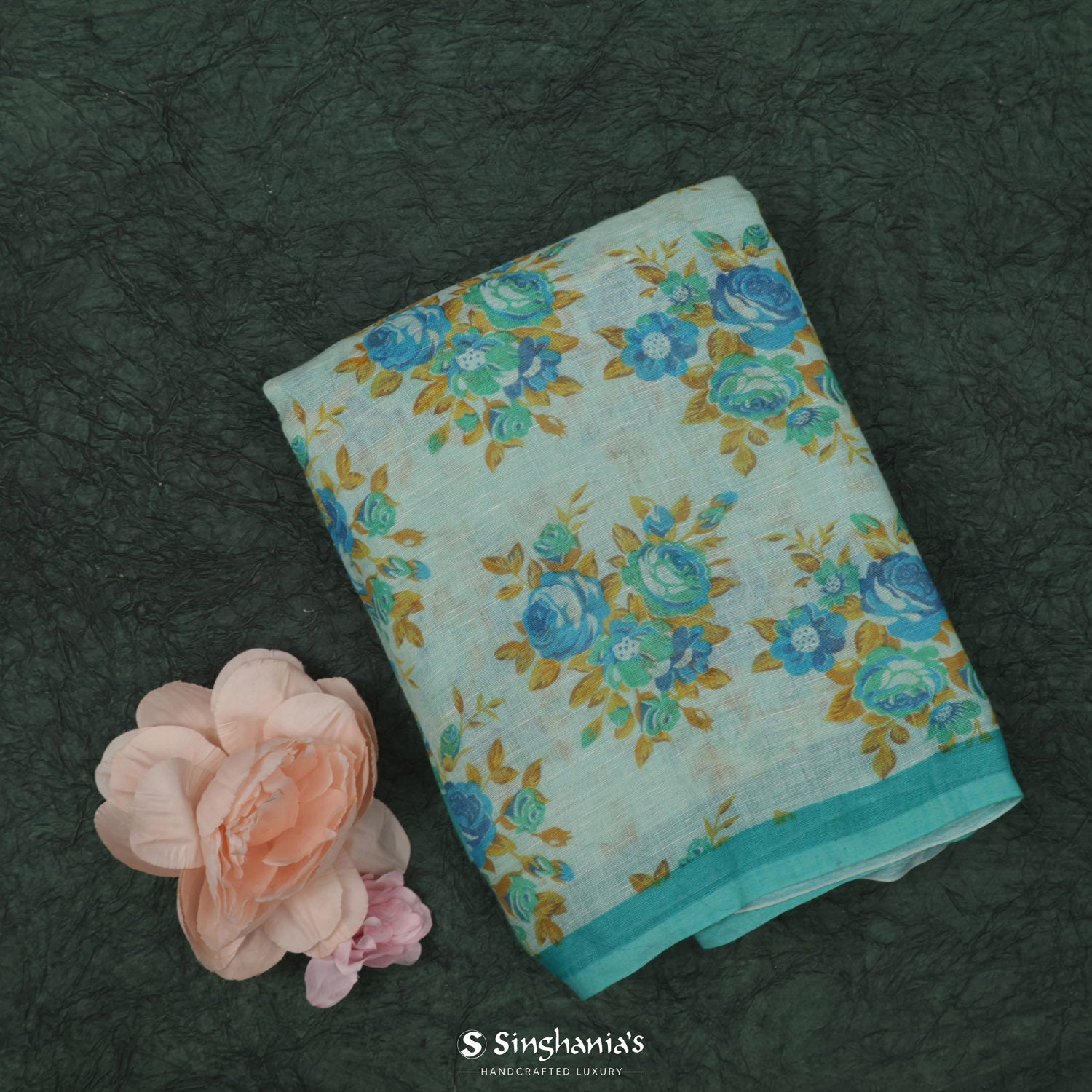 Marian Blue Linen Saree With Floral Print Pattern