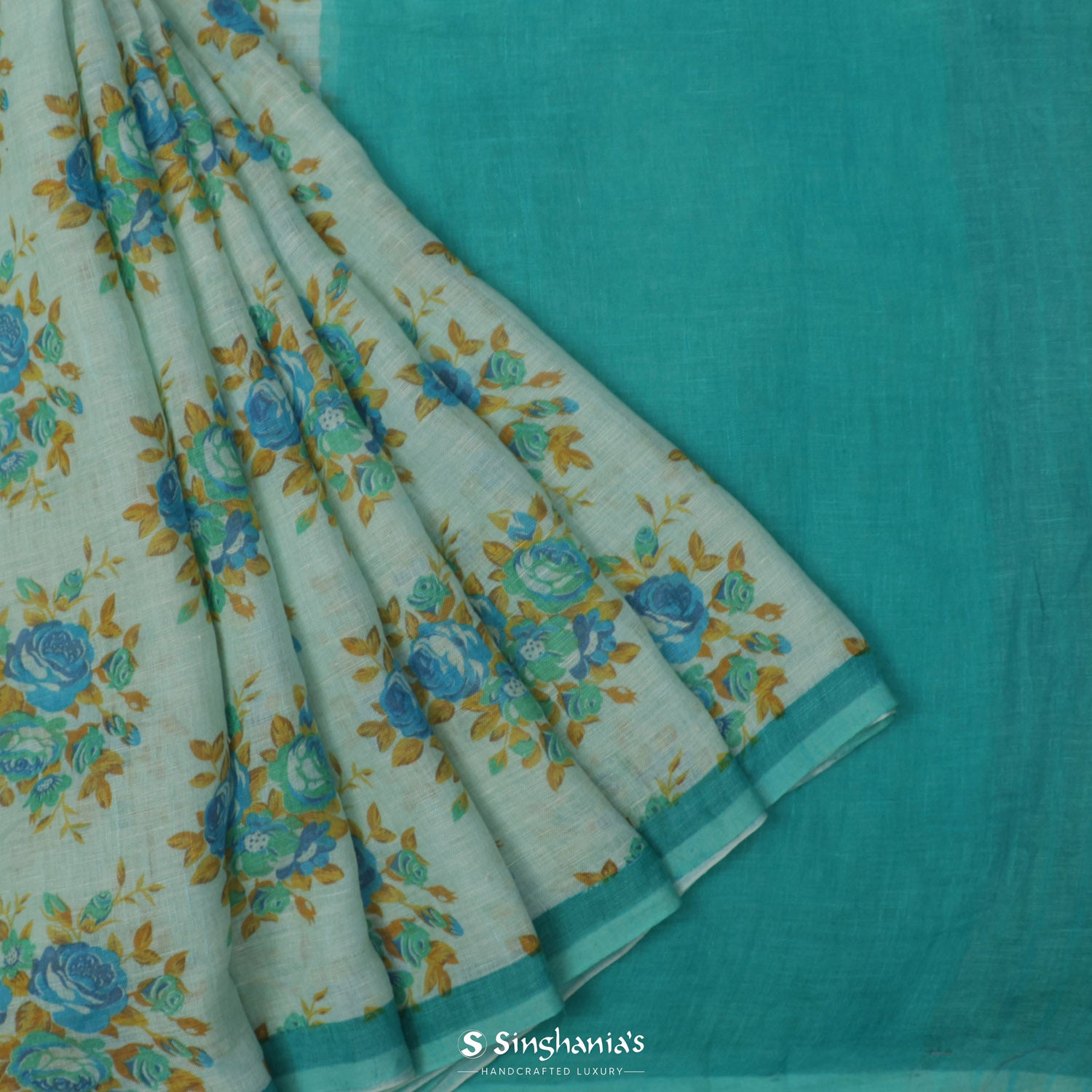 Marian Blue Linen Saree With Floral Print Pattern