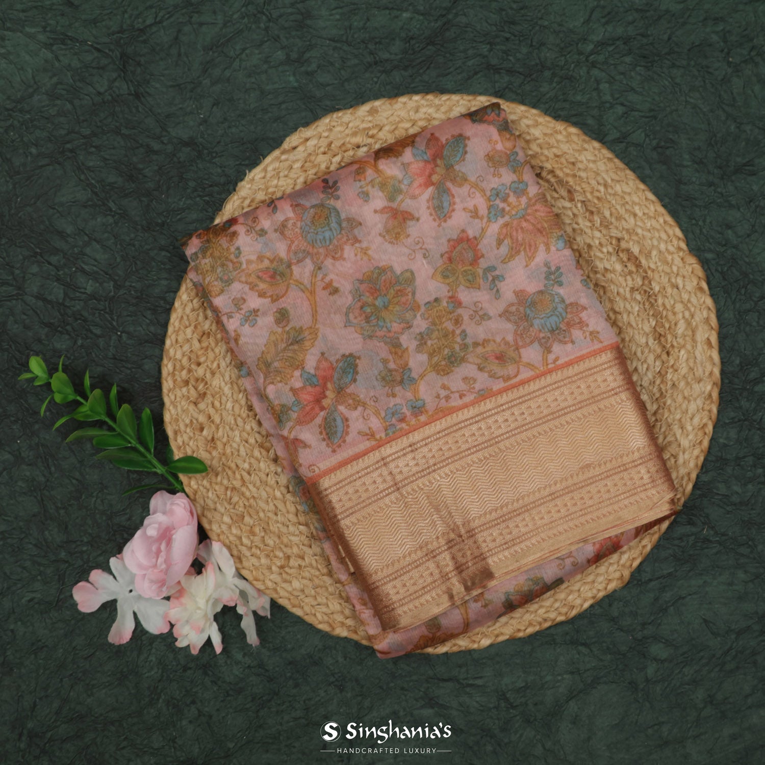 Pastel Pink Printed Organza Saree With Floral Pattern
