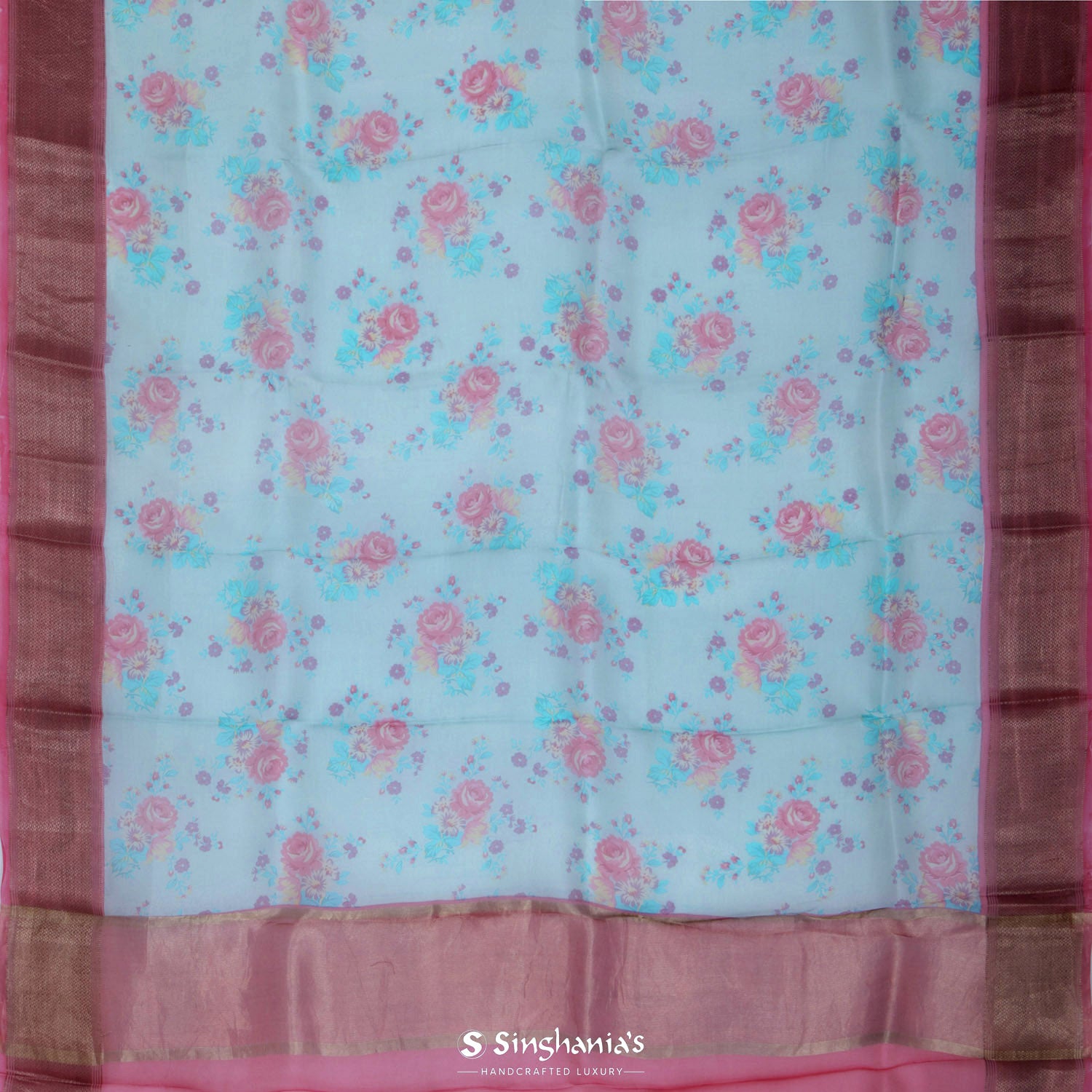 Pale Light Blue Organza Saree With Floral Print Pattern