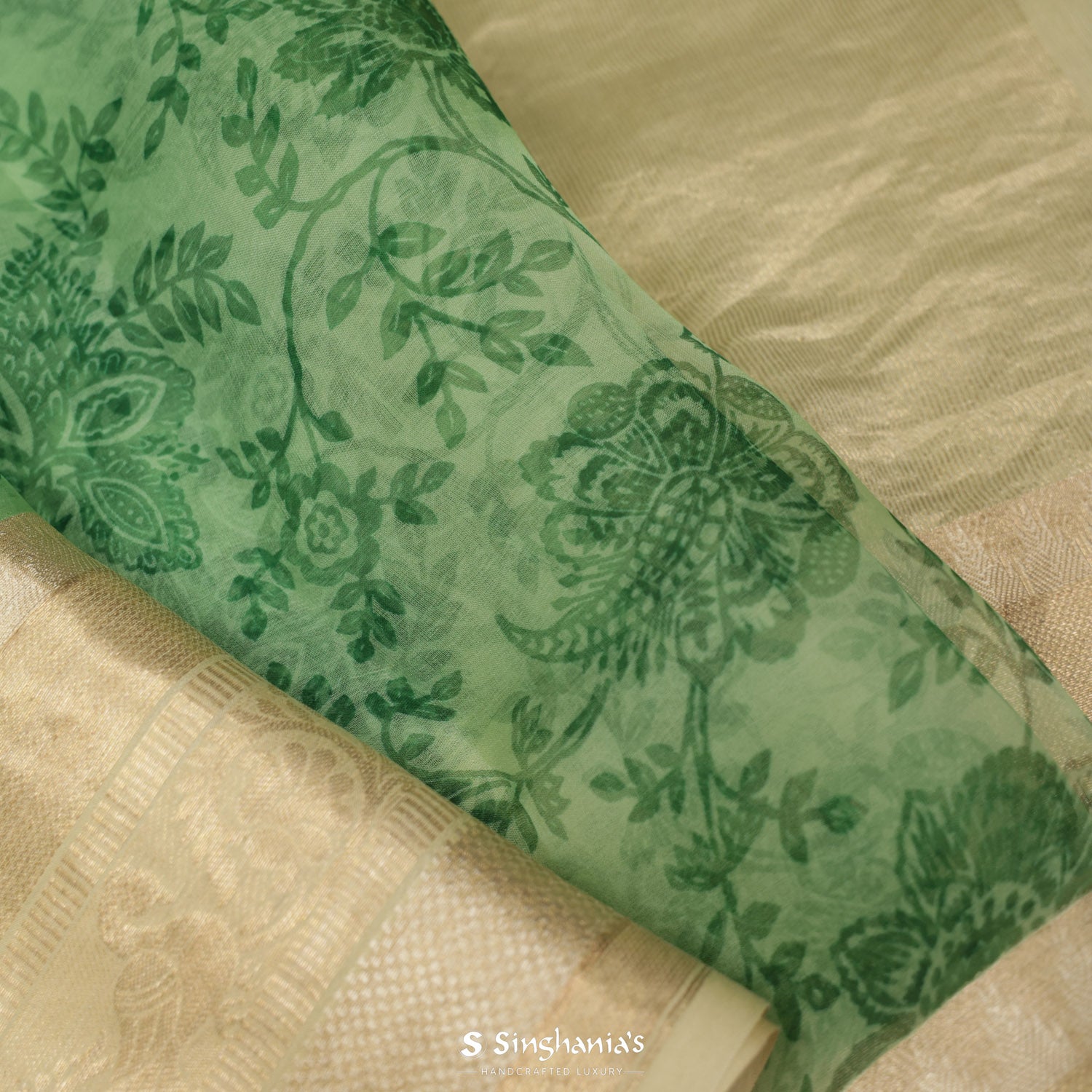 Celadon Green Organza Saree With Floral Printed Pattern