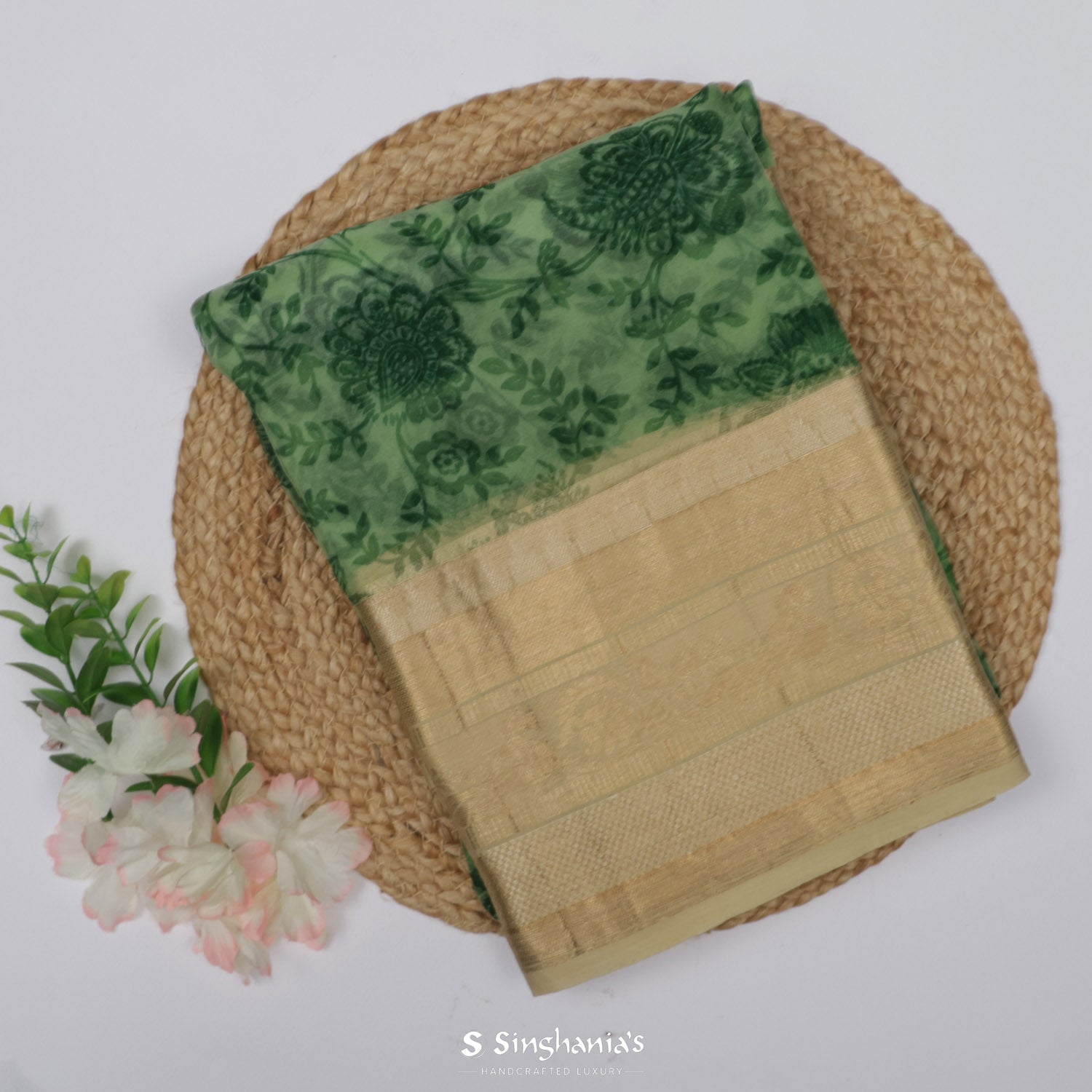Celadon Green Organza Saree With Floral Printed Pattern