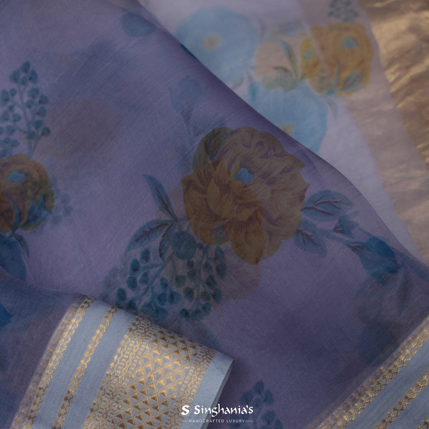 Purple Navy Printed Organza Saree With Floral Pattern