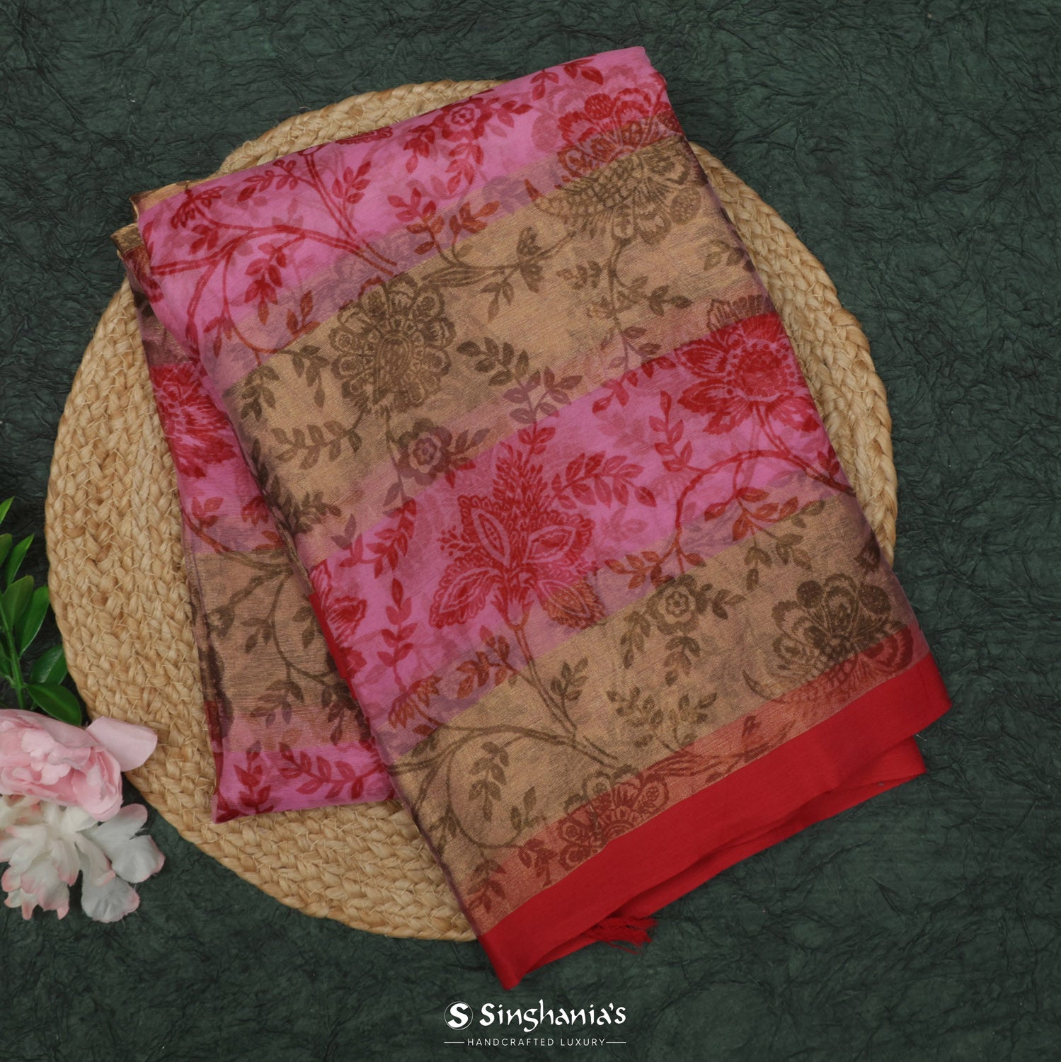 Dark Pink Printed Organza Saree With Floral Jaal Pattern