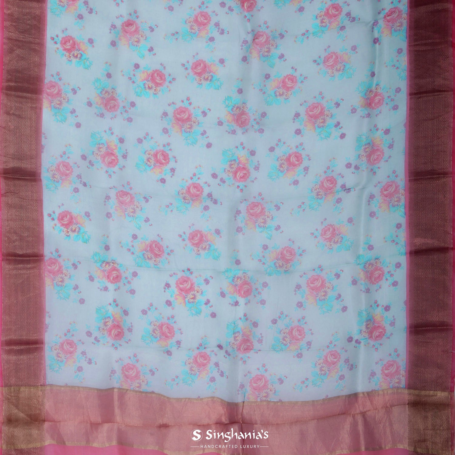 Sky Blue Organza Saree With Floral Printed Pattern